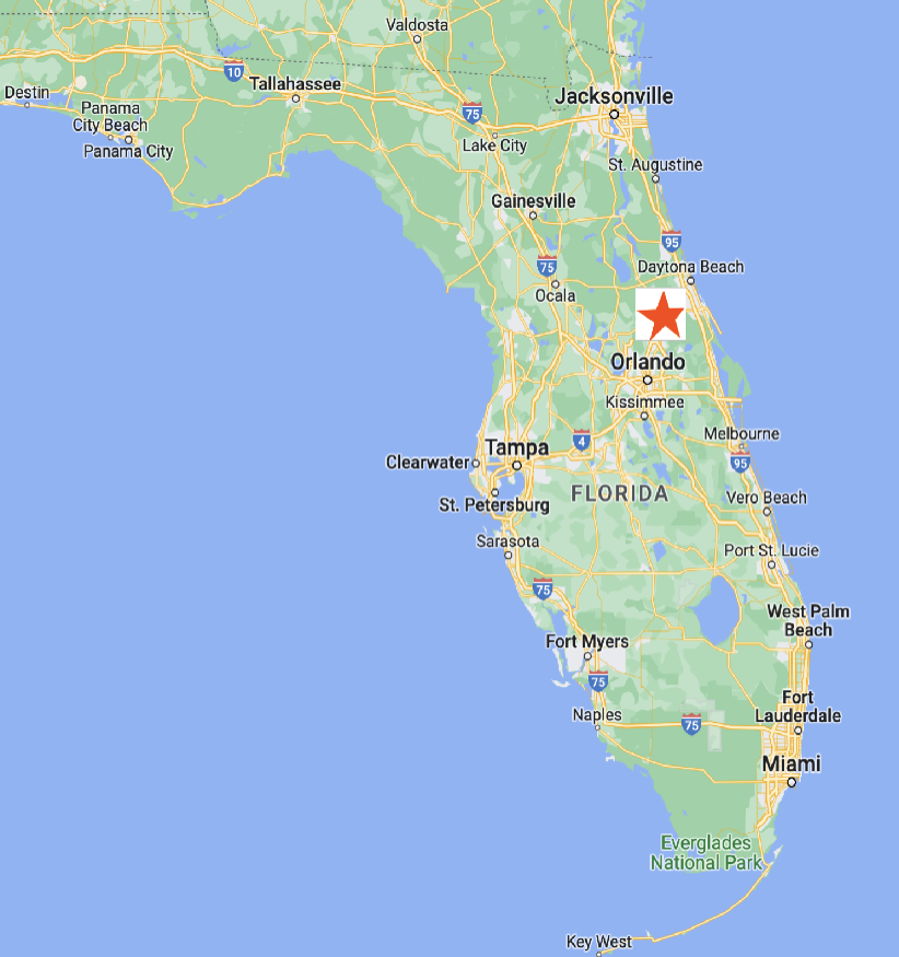 Map of Florida with a red star marking an area near Orlando.