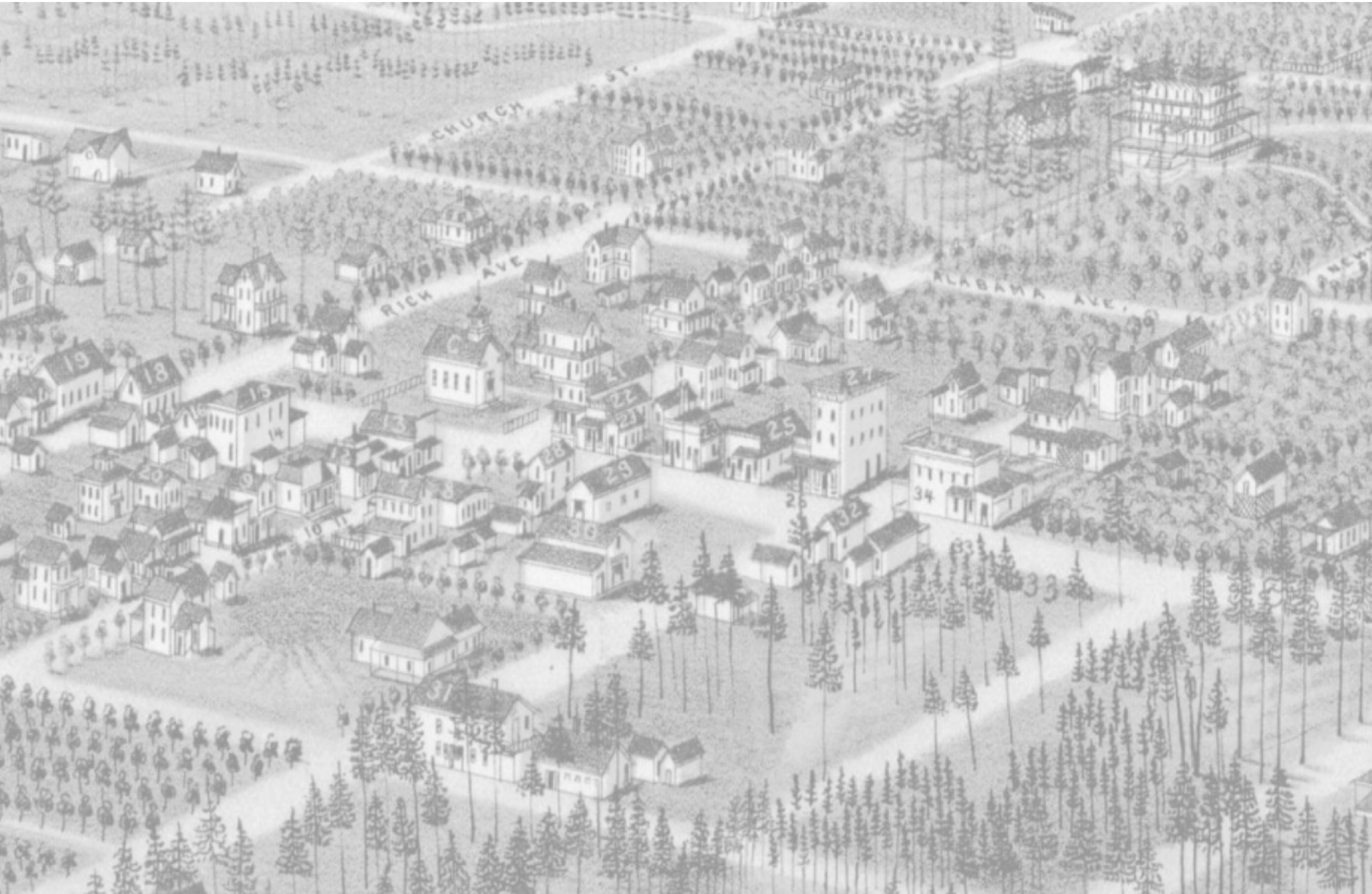 An old, black and white illustrated map of a small town with numbered buildings, streets, and surrounding trees.