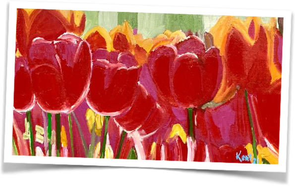 Painting of red and orange tulips with green stems and leaves in an abstract style.