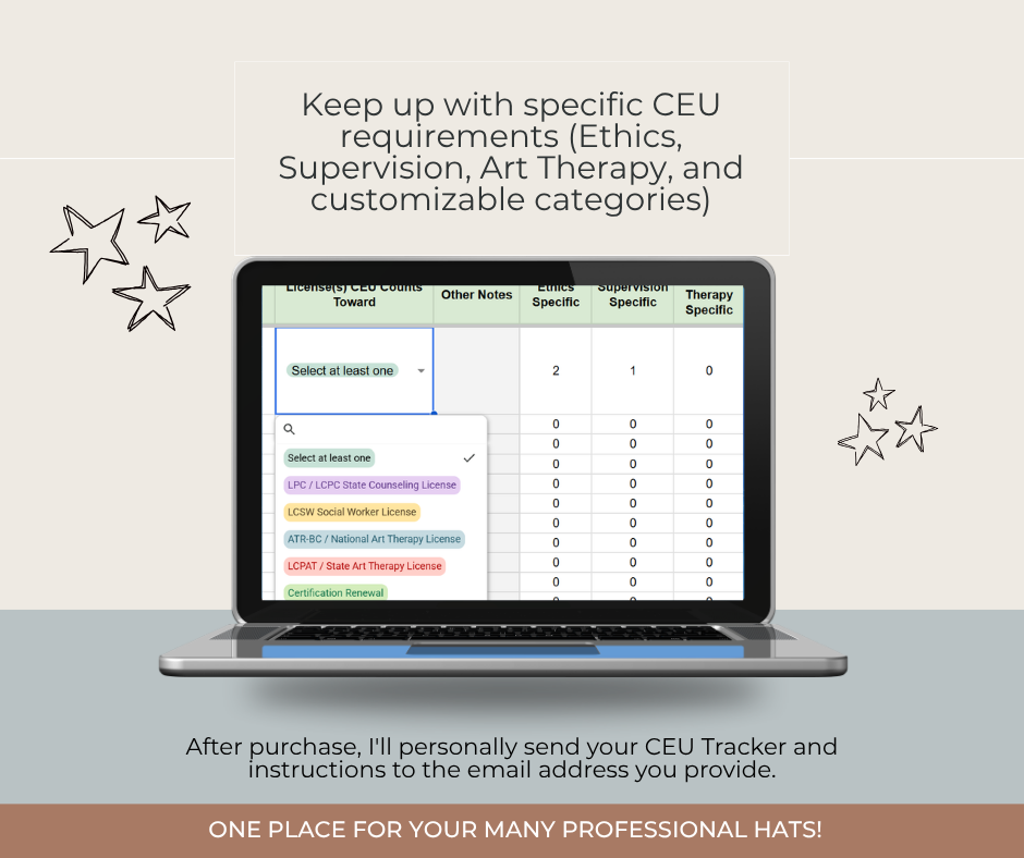 Continuing Education Tracker template for therapists, social workers, counselors, and art therapists. Template using Google Sheet.