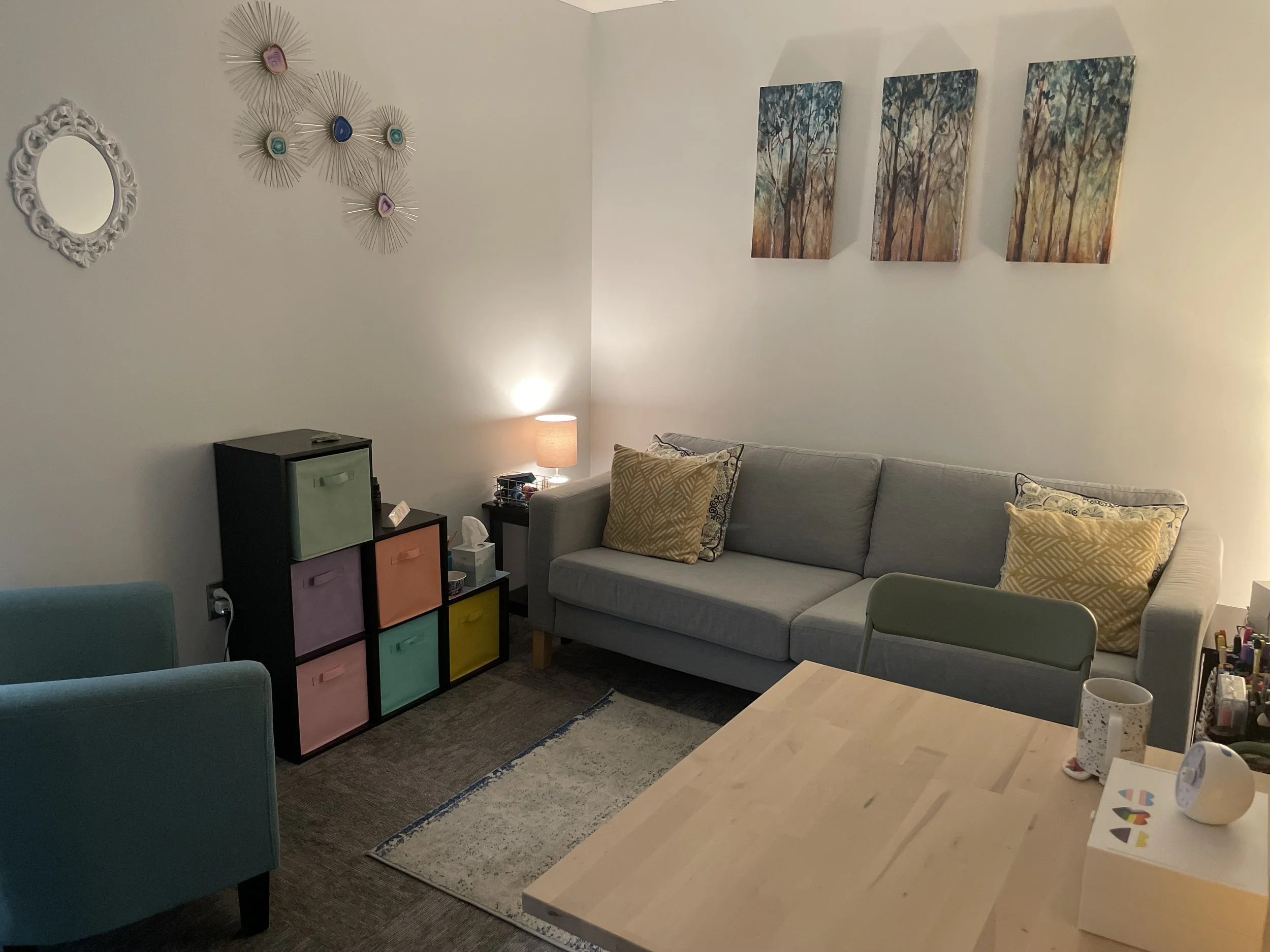 Art therapist Kristy Leone at Labyrinth Art and Wellness is their office before an adult art therapy session for OCD and art therapy.