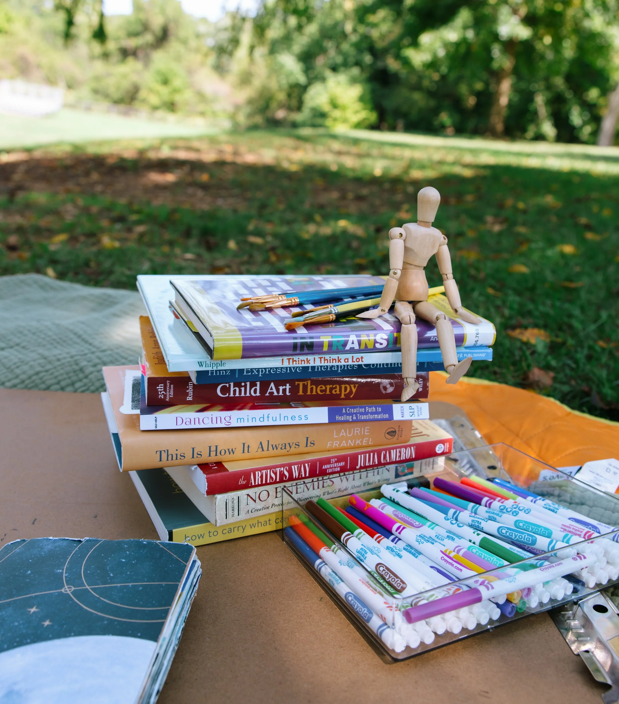 Maryland Art Therapist Kristy Leone supplies for art making, including drawing materials, books for collage, and paint brushes for painting. Altered journaling for therapeutic relationship.