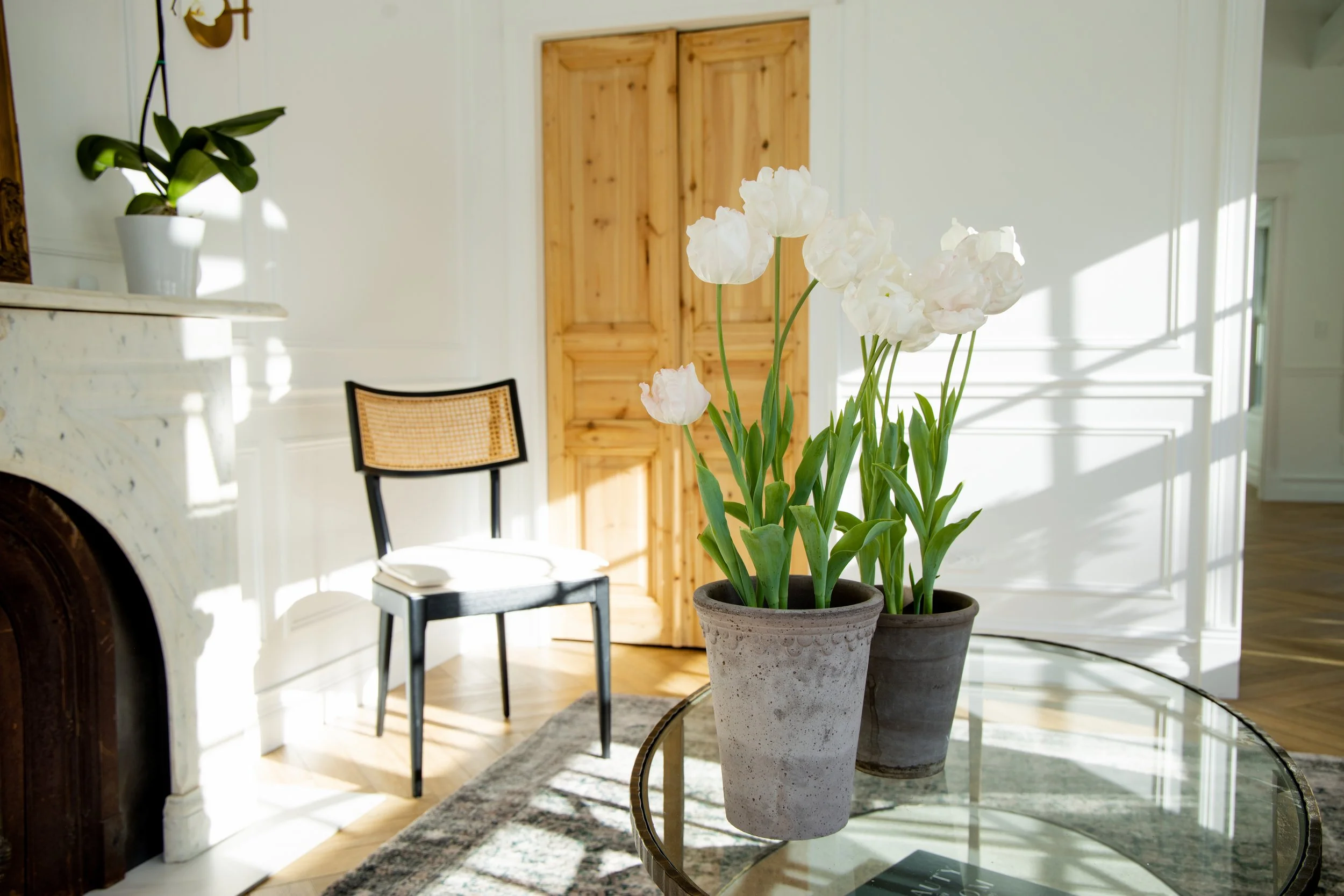 Indoor living room with two potted white tulips on a glass table, black chair with a cushion and white book nearby, wooden door, white paneled walls, and a marble fireplace with a potted plant on the mantel.