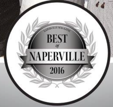 A circular badge with a laurel wreath design, displaying text that reads 'Best of Naperville 2016', indicating an award or recognition from Naperville in 2016.