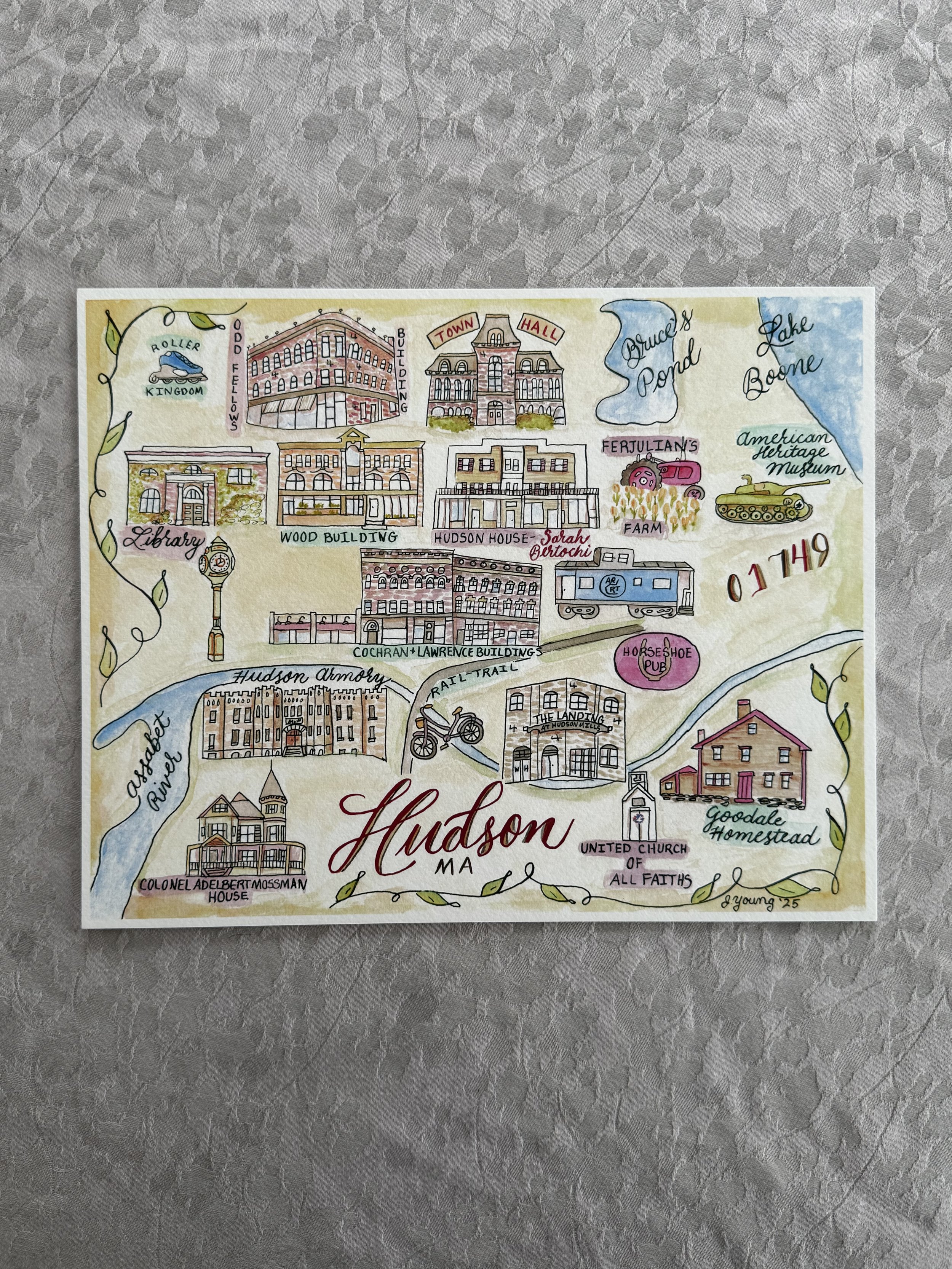 Hudson, MA Watercolor Map Print