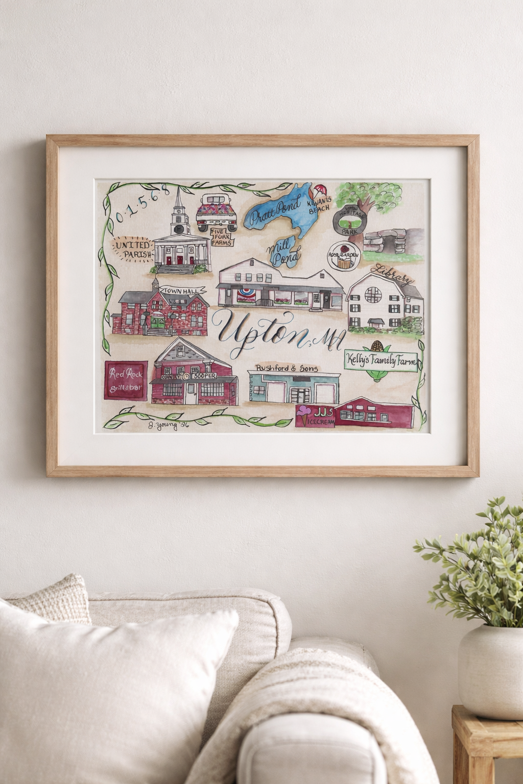 Upton, MA Watercolor Map Print