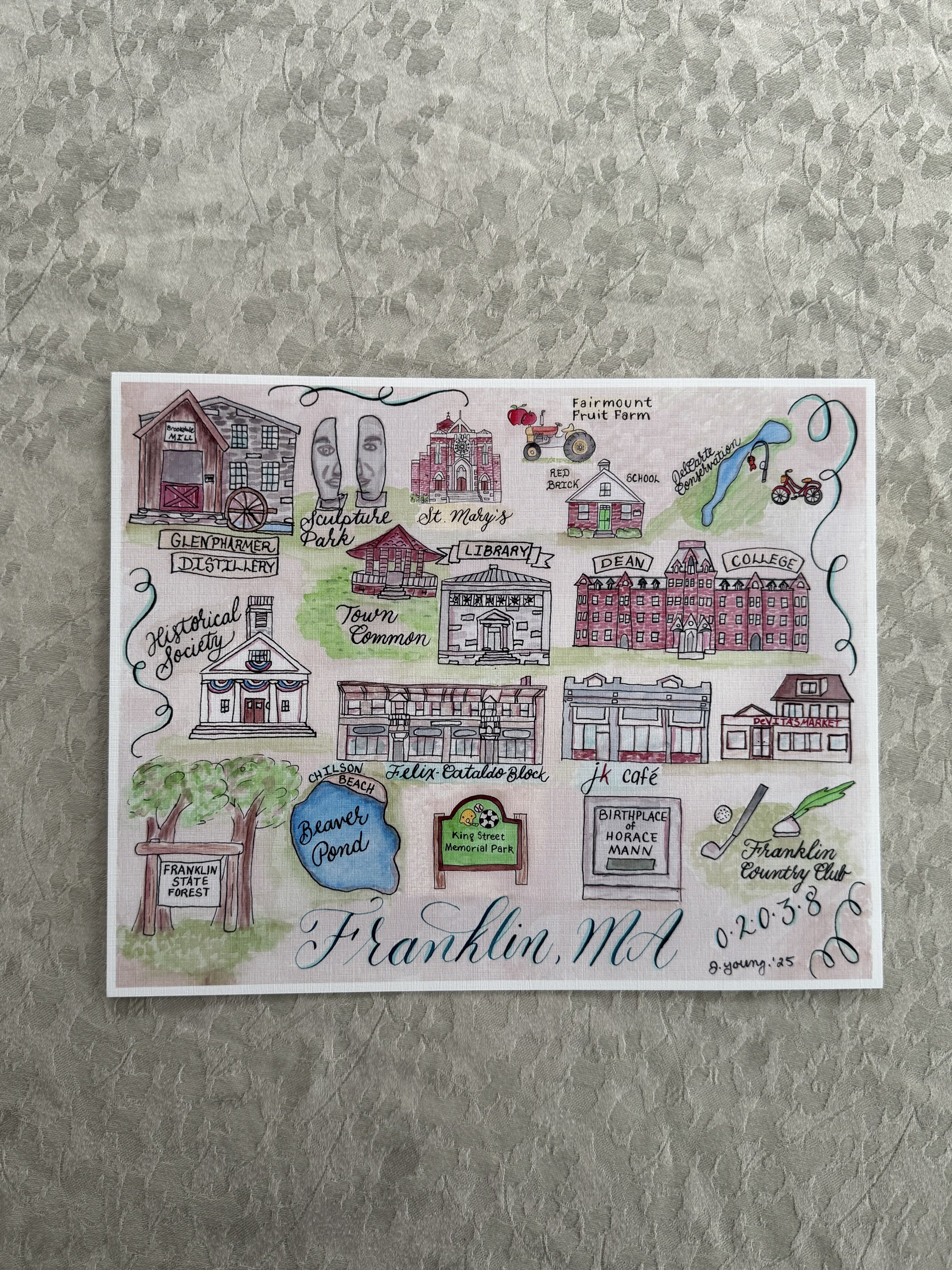 Franklin, MA Watercolor Map Print