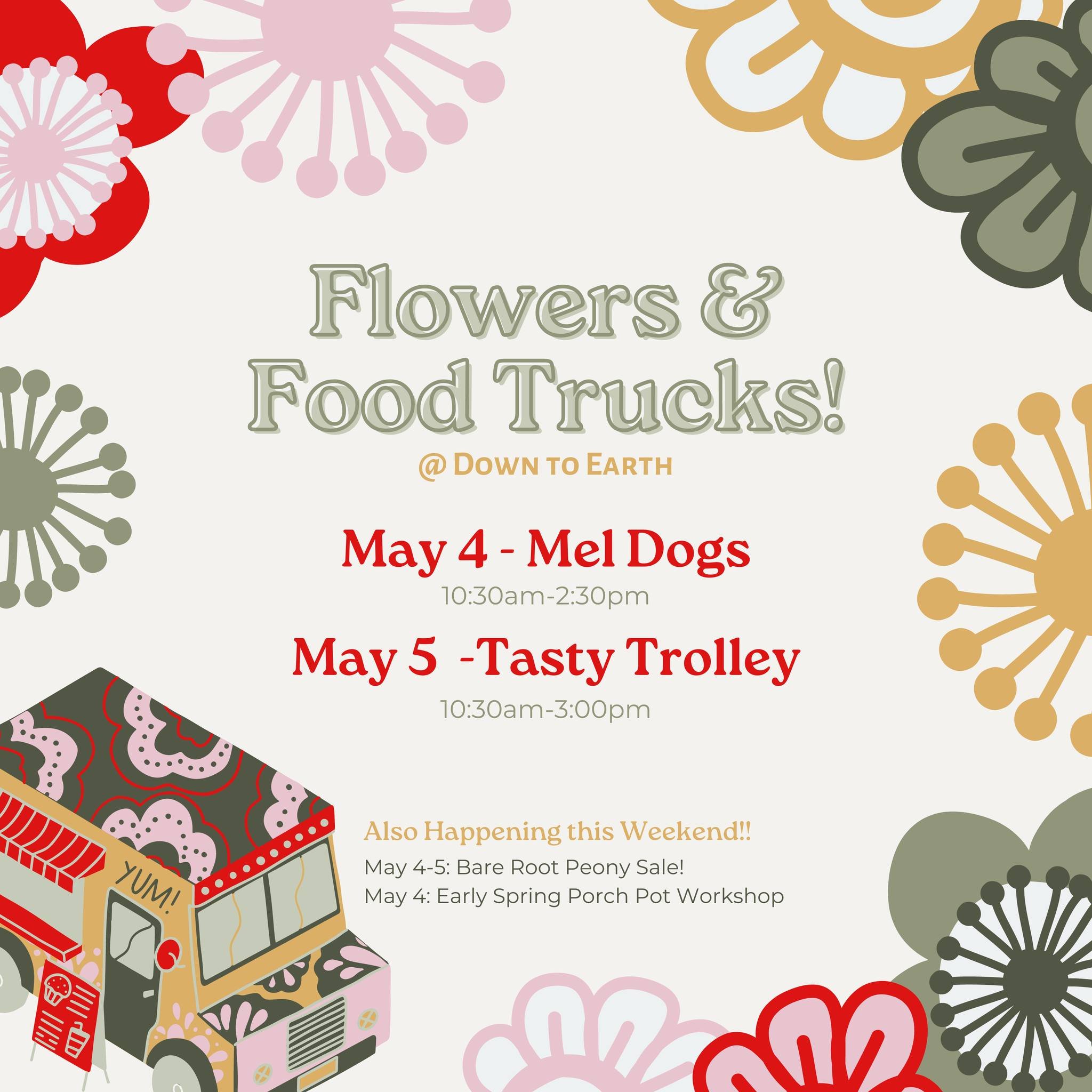 We've expanded your Saturday/Sunday dining options for the month of May with Flowers + Food Trucks! 🌸🌼🌺

In addition to our Five &amp; Two Cafe, Mel Dogs, LLC &amp; Tasty Trolley will be on site this weekend! 😍

Mel serves up delicious hot dogs, 