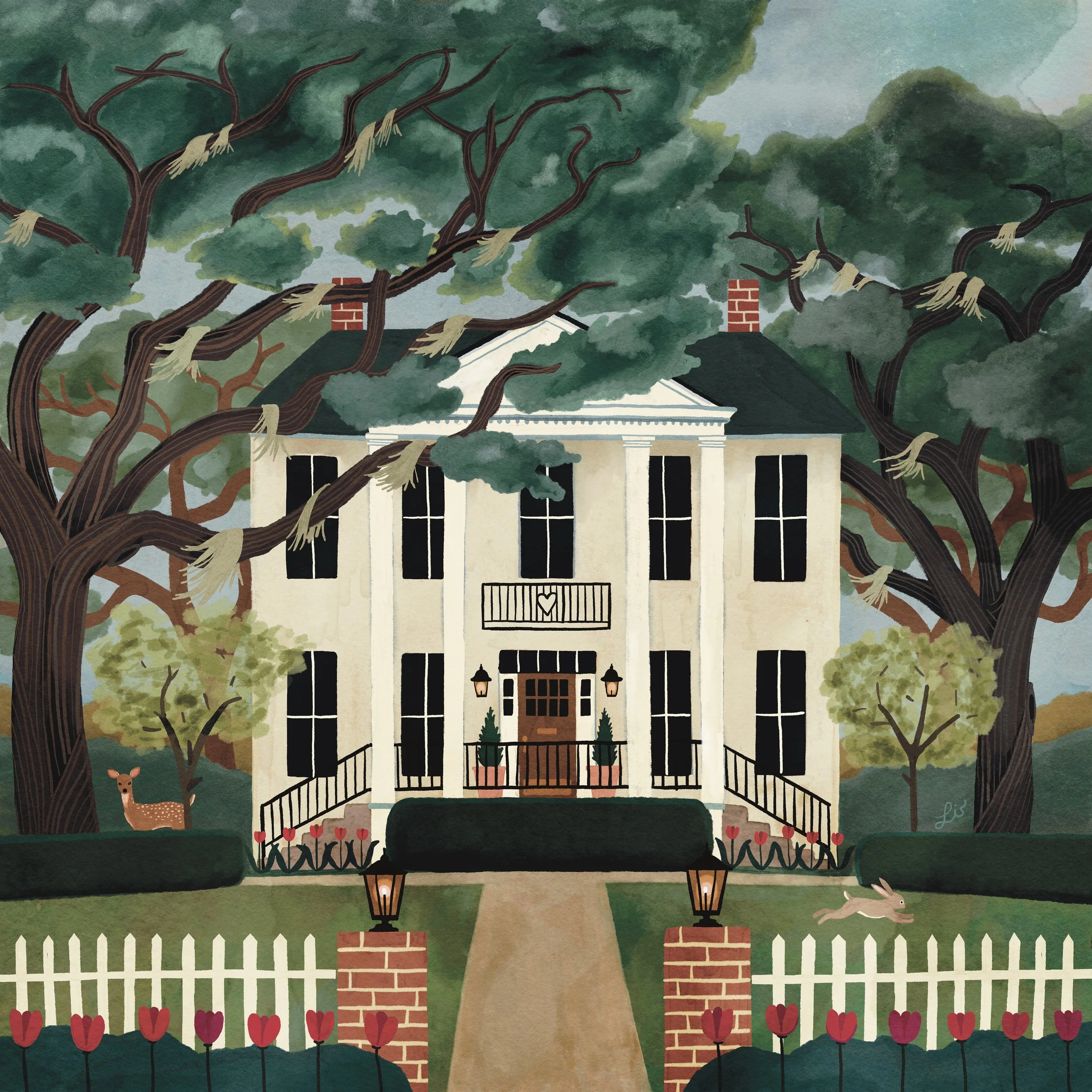 A large white house with black windows and red brick chimneys, surrounded by tall trees and a white picket fence. Two deer are in the yard, one laying down and one standing, with blooming tulips along the fence.