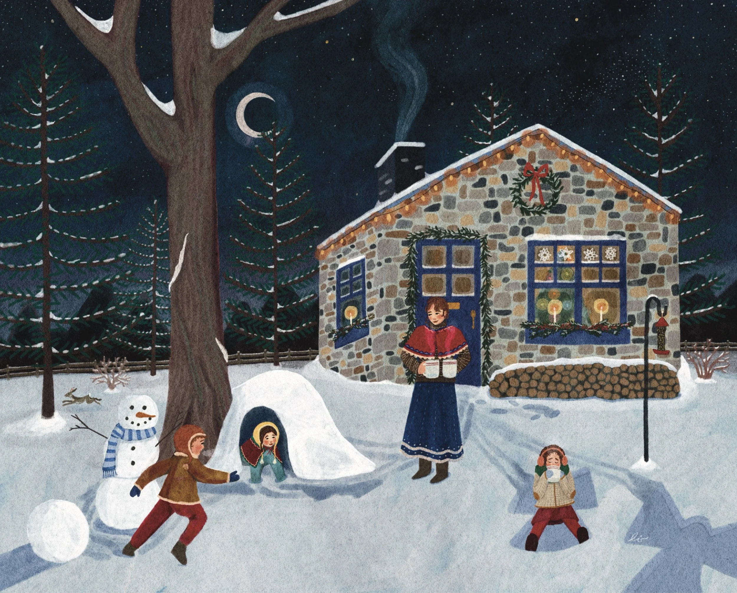 Children and adults flying kites in a rural area with trees, houses, and rolling hills in the background.