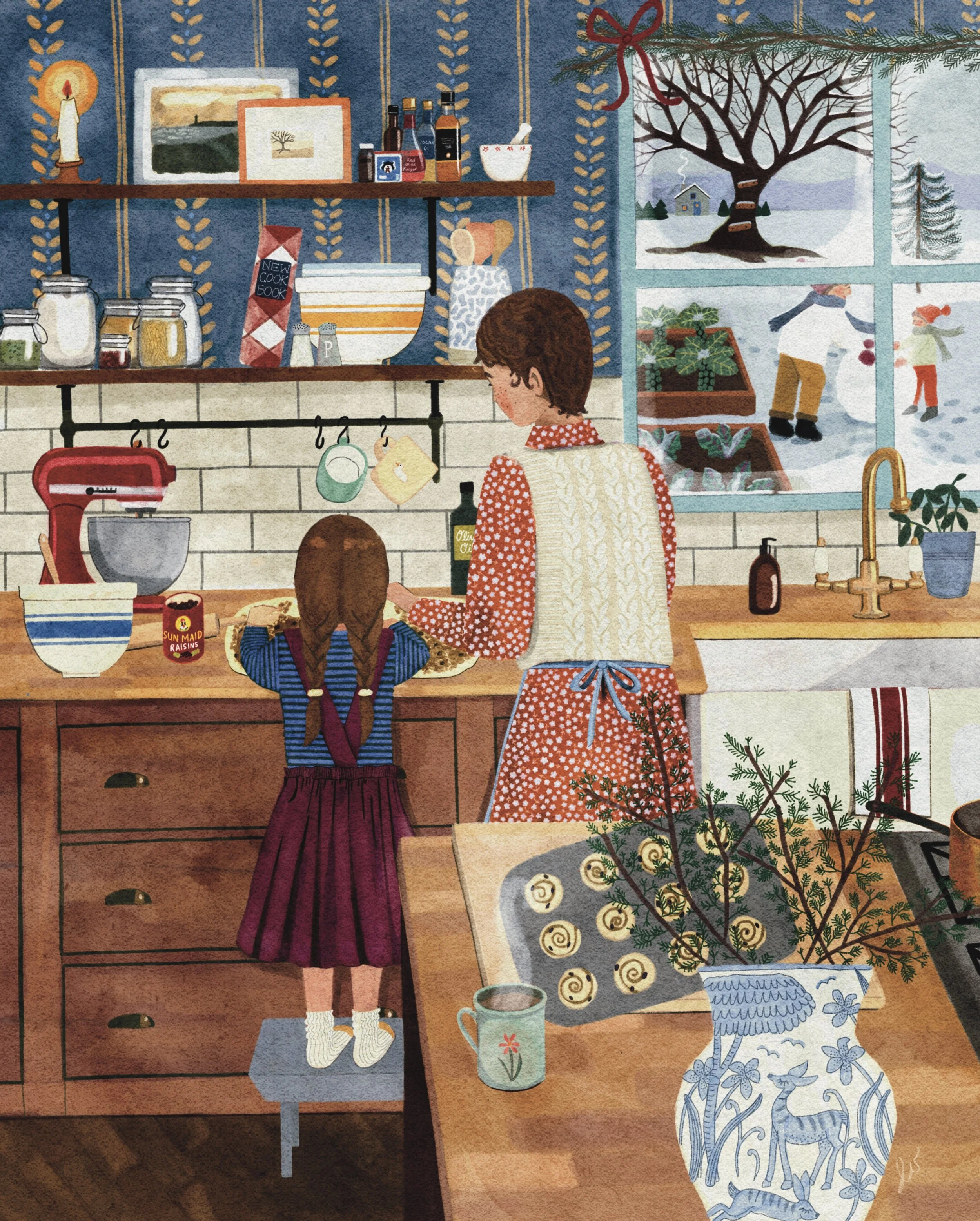 A woman and a girl baking cookies in a cozy kitchen decorated for the holidays. The woman is wearing a red polka-dot dress with a white apron, and the girl is wearing a blue striped shirt with a burgundy skirt. They are working at the kitchen counter with baking supplies, while outside, snow falls and children play in the snow.