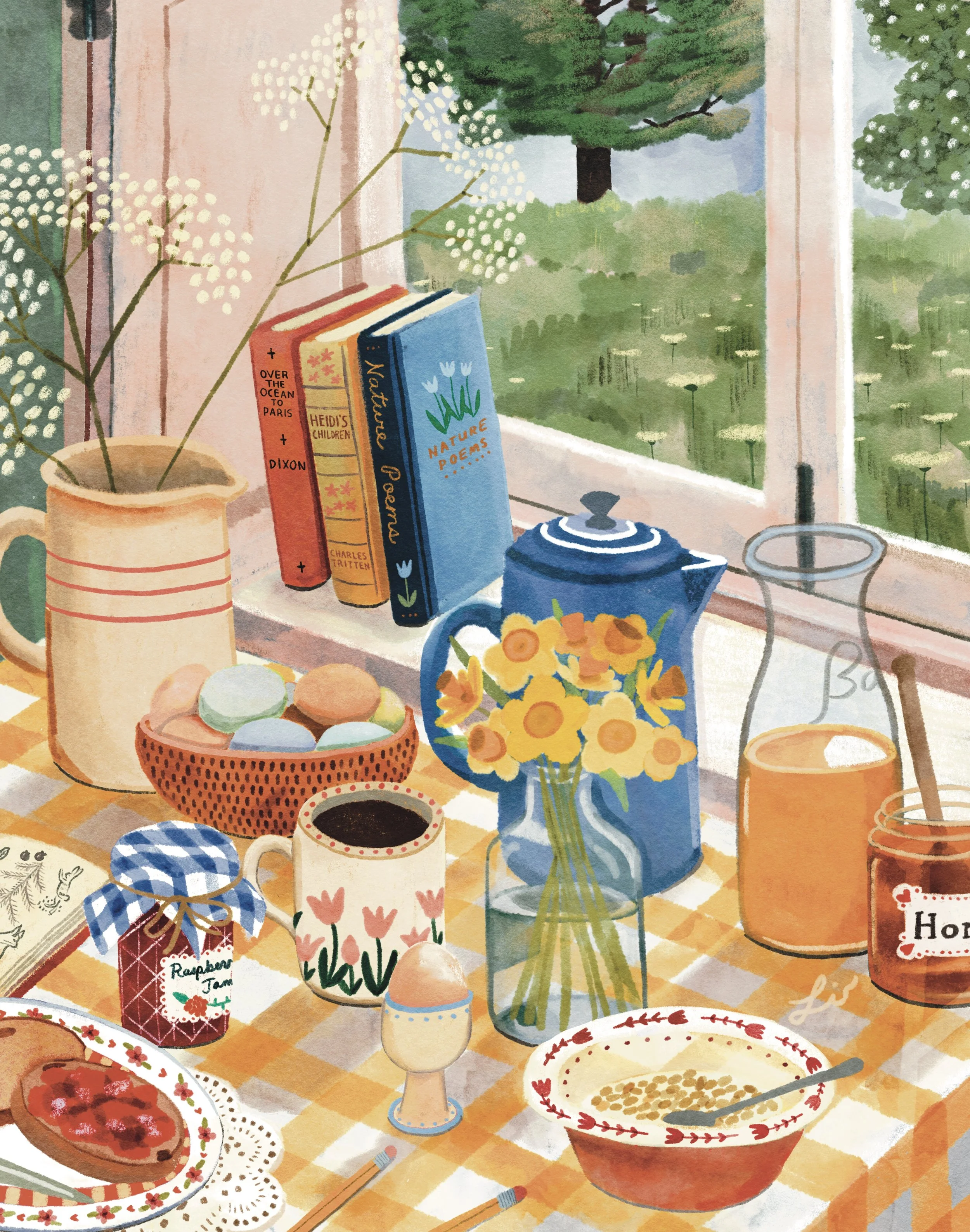 An illustrated cozy bookstore scene with a woman reading a book, a sleeping cat on the window sill, and a dog lying on a patterned rug. The background features bookshelves filled with books, a ladder, and a window showing a field with people playing, pumpkins, and autumn trees. A table displays apples, jam, a teacup, and a stack of books.