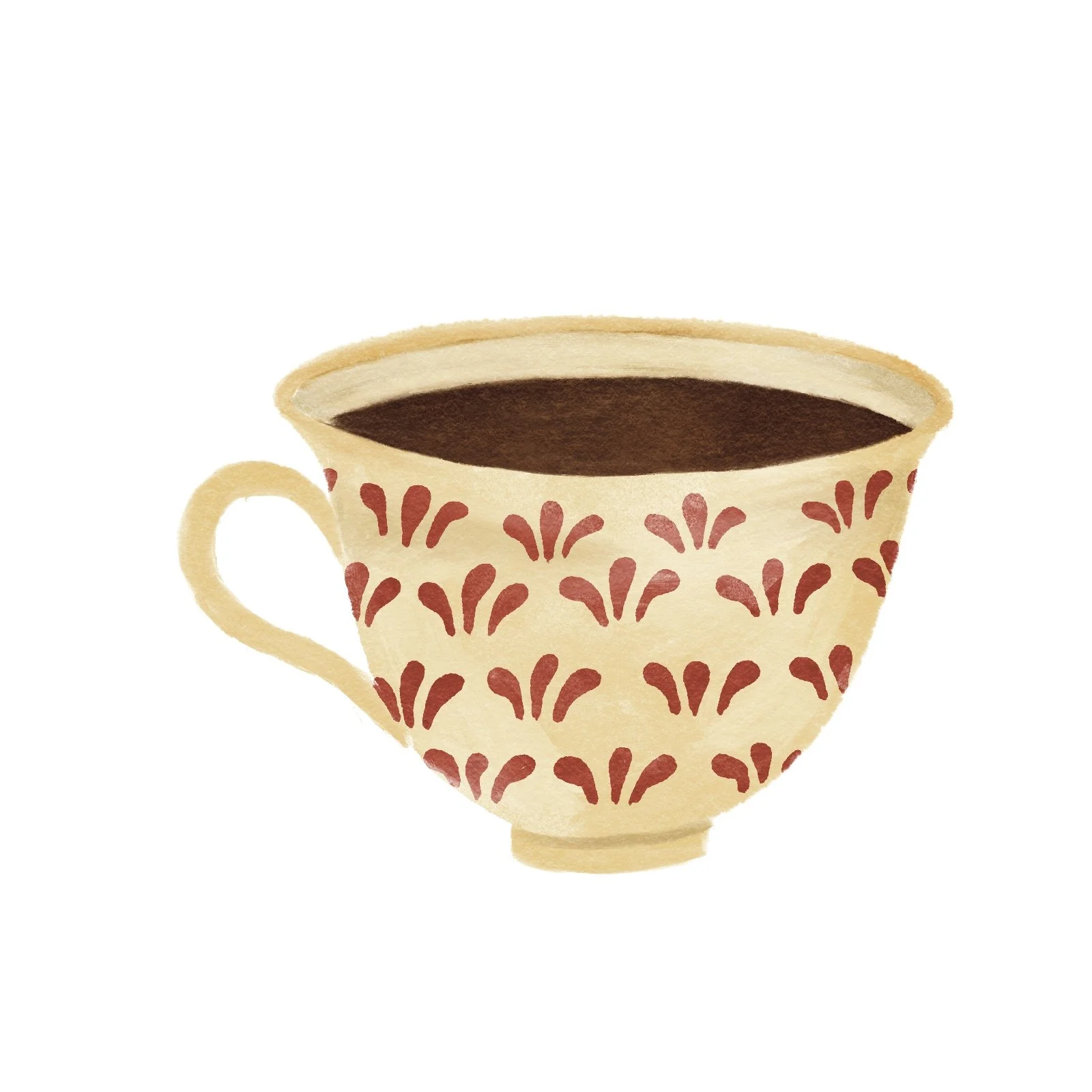 A beige ceramic coffee cup with red decorative patterns, filled with black coffee, isolated on a white background.