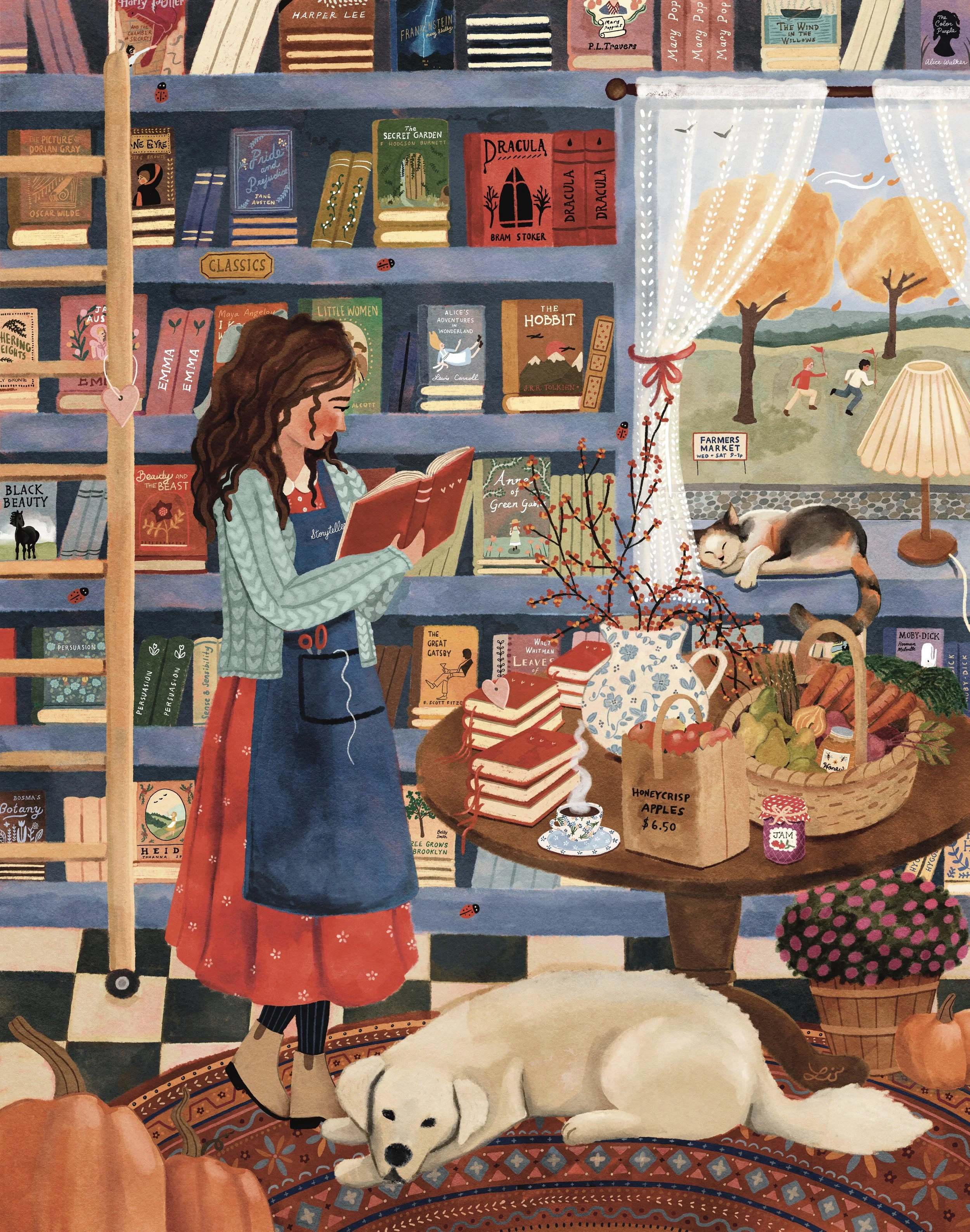 An illustrated cozy bookstore scene with a woman reading a book, a sleeping cat on the window sill, and a dog lying on a patterned rug. The background features bookshelves filled with books, a ladder, and a window showing a field with people playing, pumpkins, and autumn trees. A table displays apples, jam, a teacup, and a stack of books.