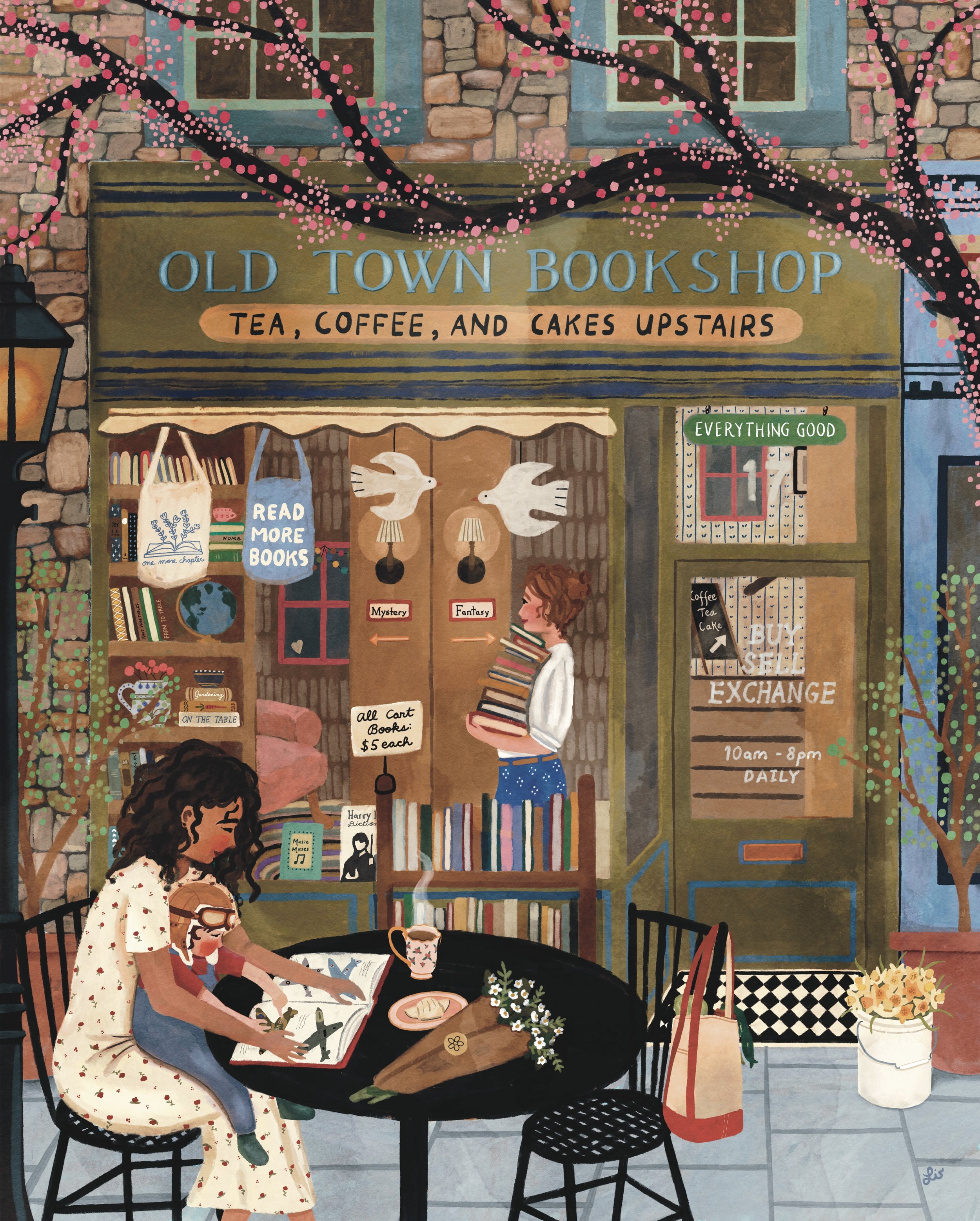 A cozy indoor scene showing a desk with an open sketchbook, leaves, and a bird figurine, near a window with an autumn landscape of children playing outside among trees and houses, with fall colors and a cloudy sky.