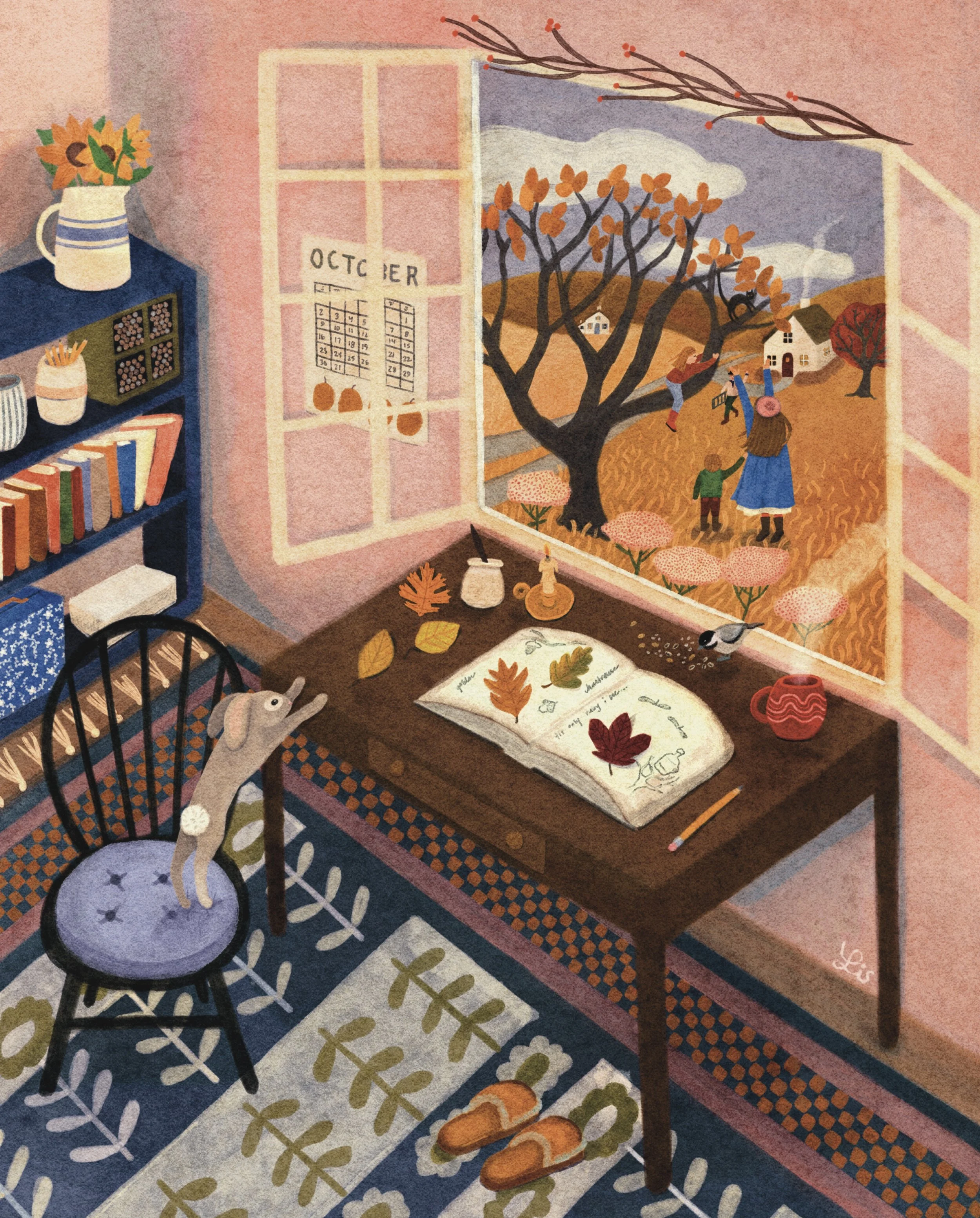 A cozy indoor scene showing a desk with an open sketchbook, leaves, and a bird figurine, near a window with an autumn landscape of children playing outside among trees and houses, with fall colors and a cloudy sky.