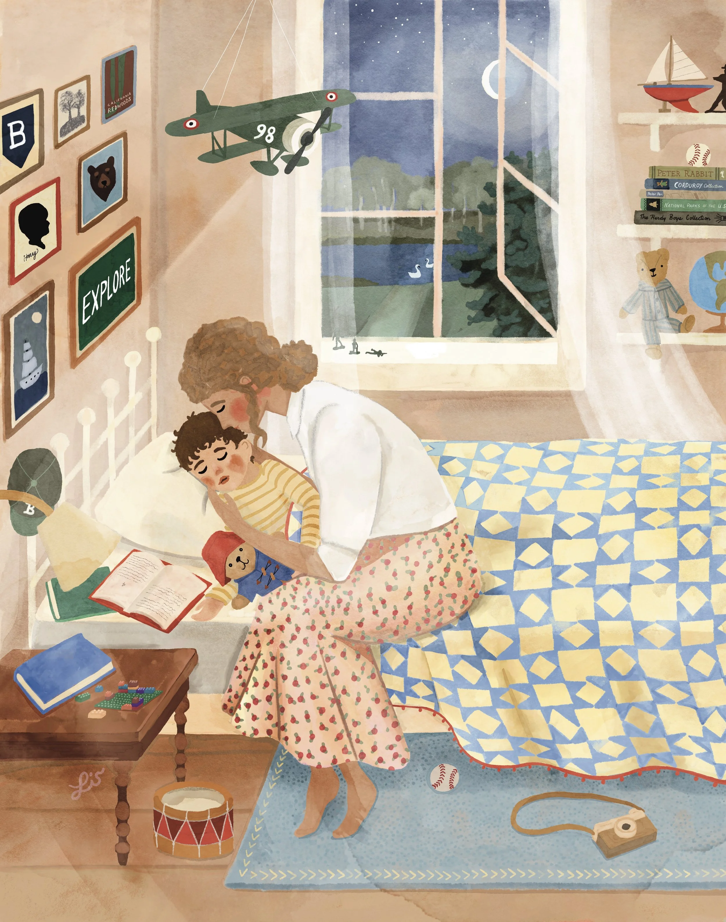 A mother tucks her sleeping child into bed in a cozy bedroom. The night sky and moon are visible through an open window. The room is decorated with framed pictures, a model airplane, books, stuffed animals, a globe, and toys. A blue and yellow patterned quilt covers the bed, and a drum, a tape recorder, and a baseball rest on the carpet.