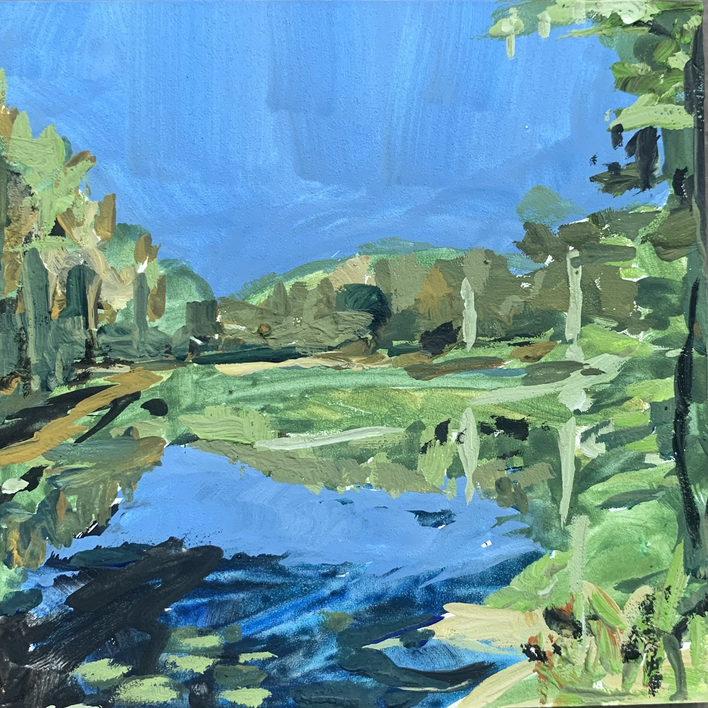 LONG POND - BLUE GREEN CLOSE, 2022, 4" x 4", Gouache