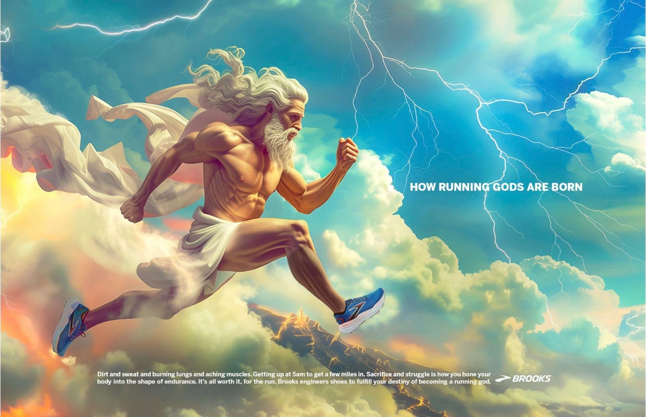 Copy: Dirt and sweat and burning lungs and aching muscles; sacrifice and struggle is how you hone your endurance as you reshape your body. Getting up at 5am to get a few miles in is worth it. Engineered for the serious runner, Brooks will fulfill you