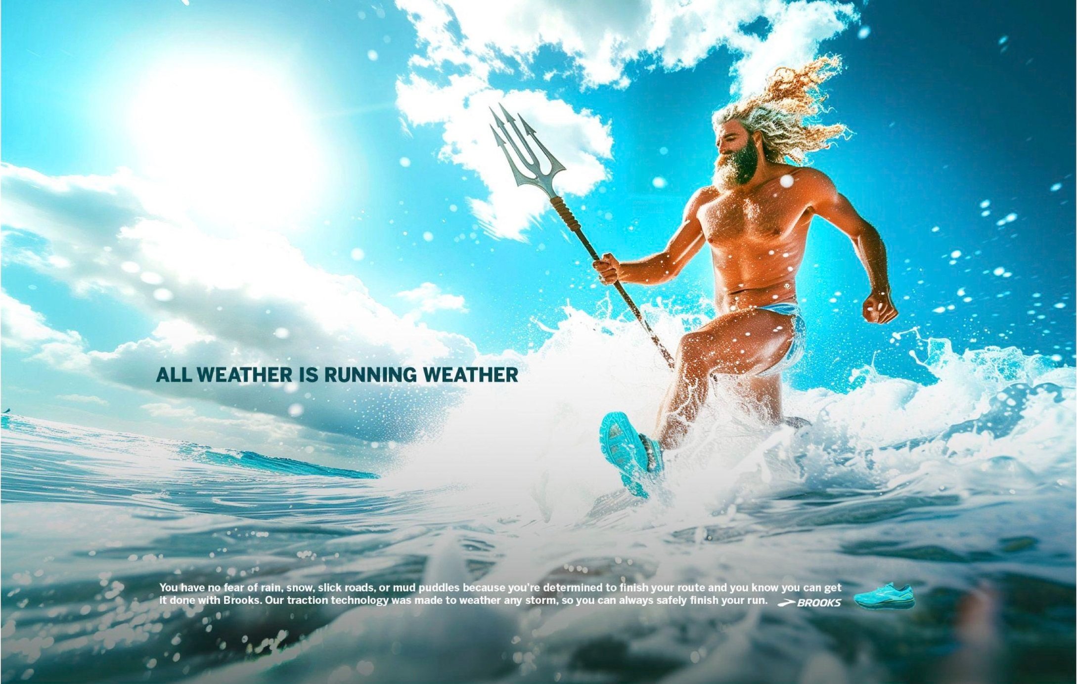 Copy: When you have no fear of rain, snow, slick roads, or mud puddles you finish your run. No matter the terrain or the conditions, Brooks’ traction technology gives you the confidence and ability to beat your best time. Brooks is how running gods a