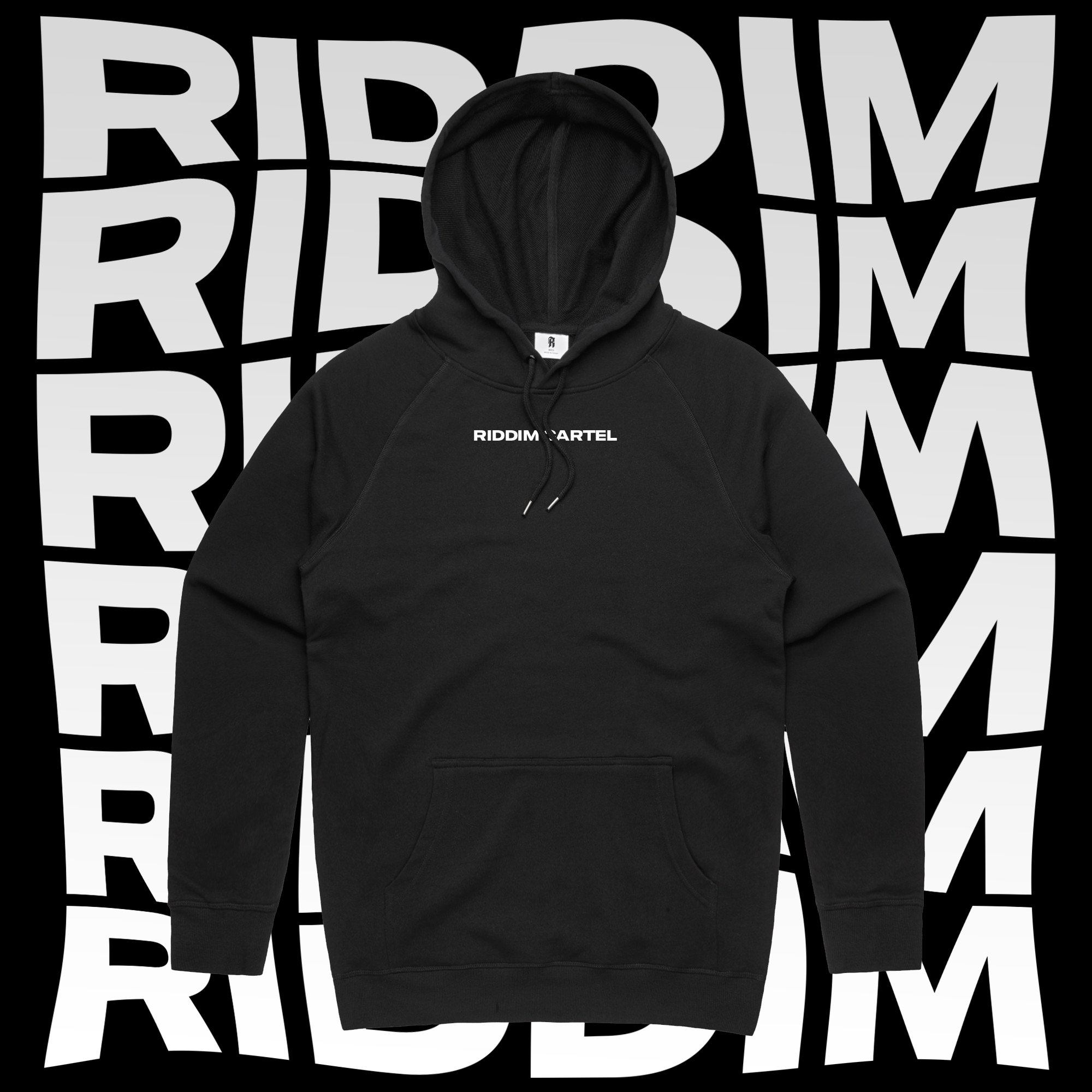 Black hoodie with drawstrings and front pocket featuring the words 'RIDDIM CARTEL' in white, set against a backdrop with repeating 'RIDDIM' text in bold white on a black background.