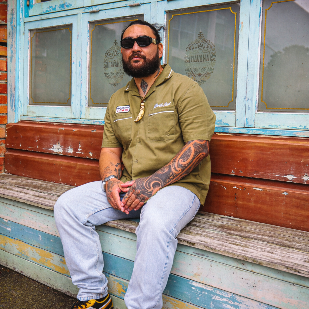 A man with tattoos wearing sunglasses, a green shirt, and gray pants, sitting on a weathered wooden bench outside a building with blue window frames and old painted glass.