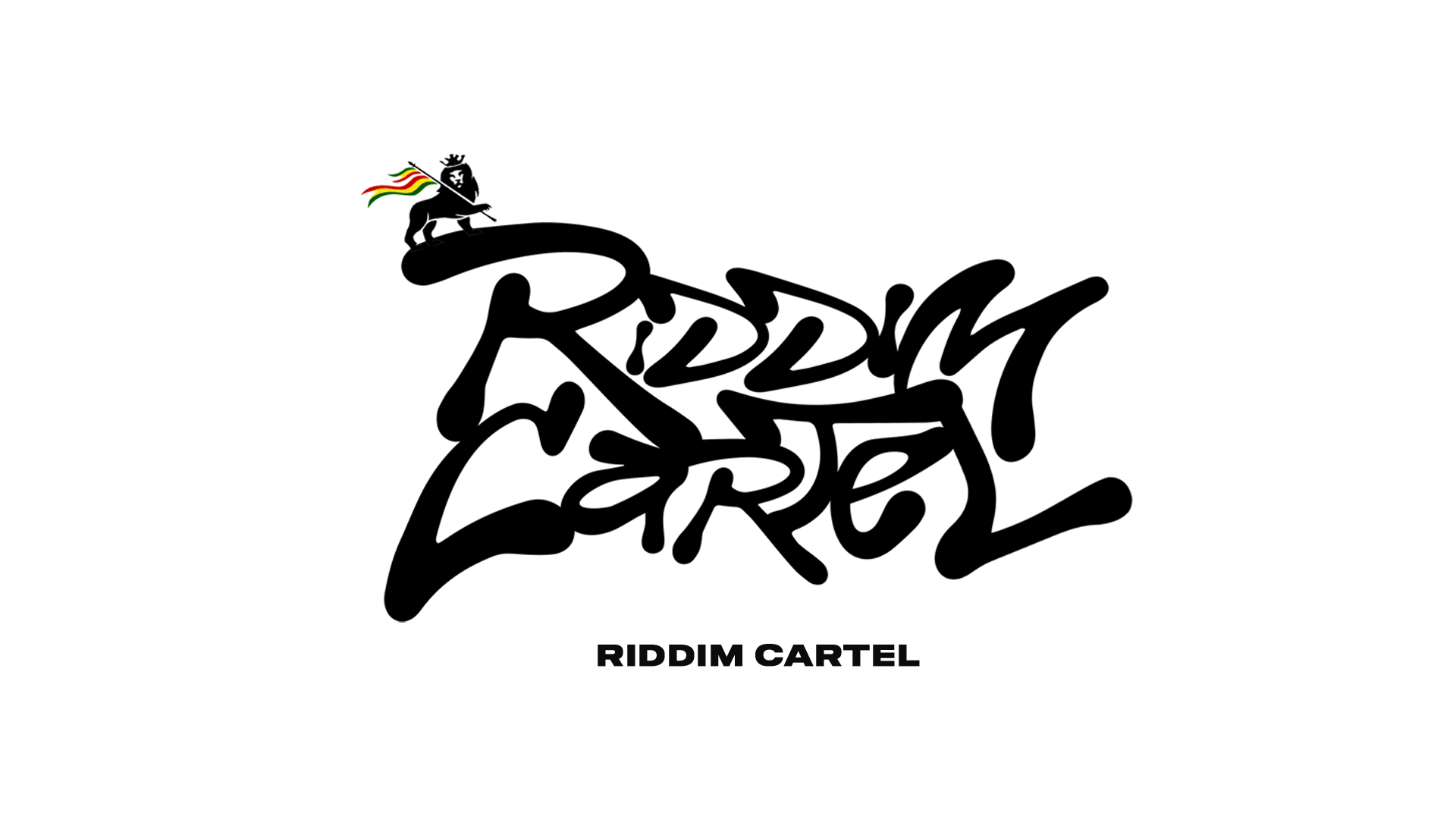 A black background featuring a logo with a lion's head and a rainbow-colored tail, and the text 'RIDDIM CARTEL' in black at the bottom.