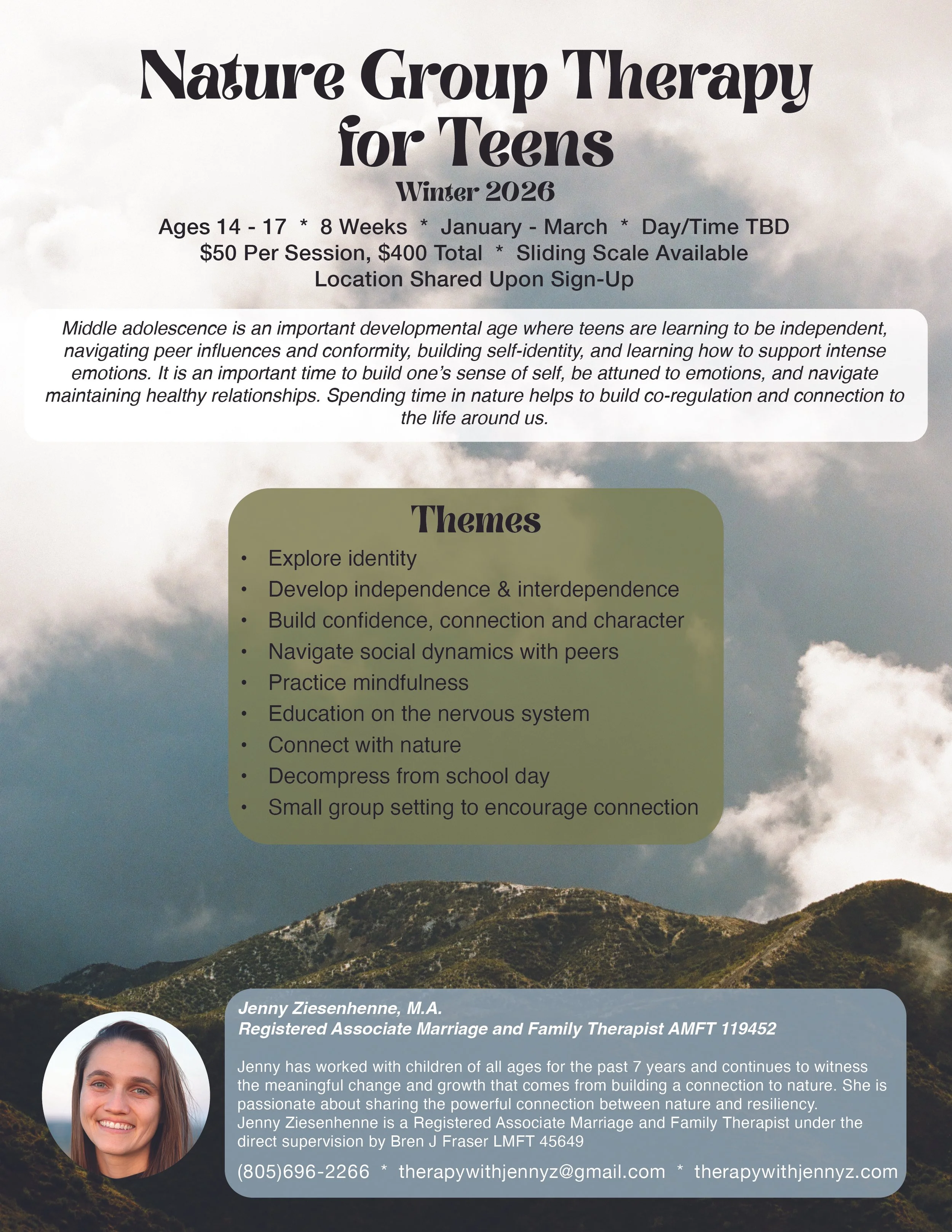 Teen Group Therapy in Nature for Winter 2026 flyer