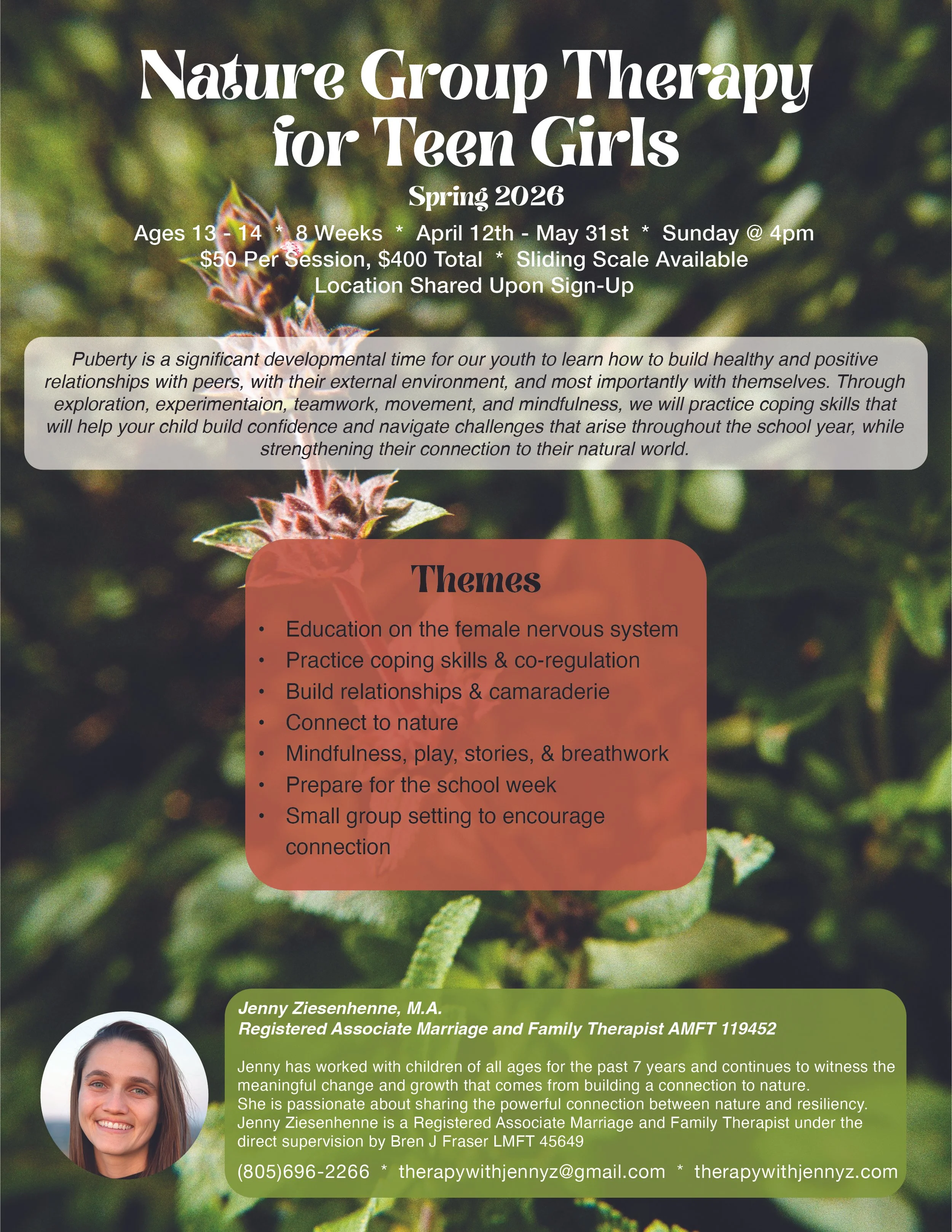 Flyer for Nature Group Therapy for Teen Girls in Santa Barbara