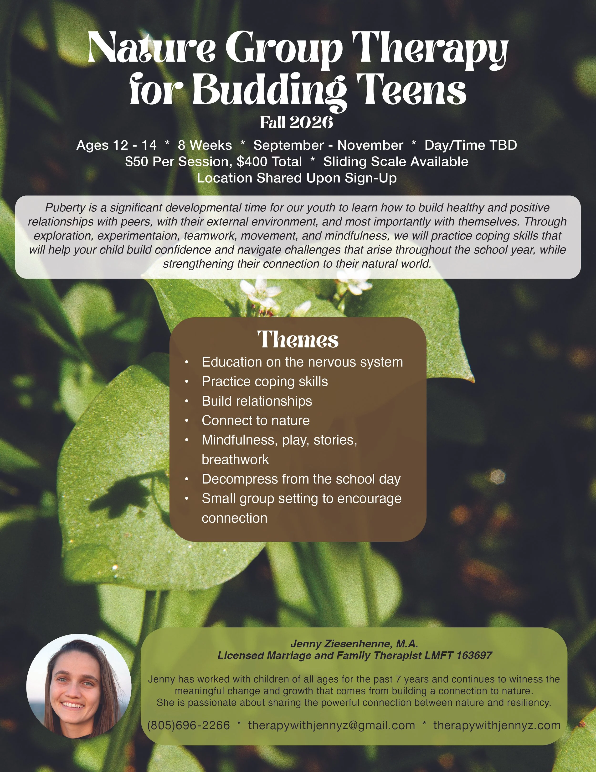 Nature Group Therapy for Budding Teens Fall 2026