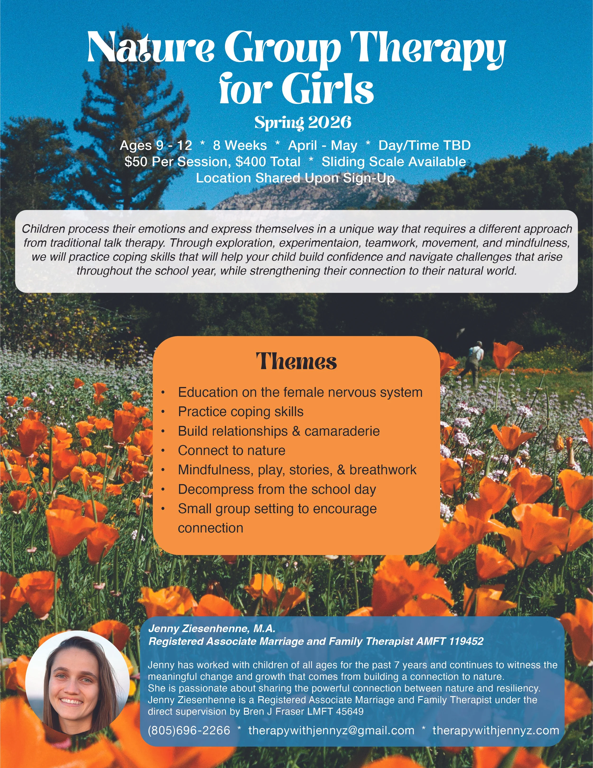 Flyer for Nature Group Therapy for Girls Spring 2026 ages 9-12