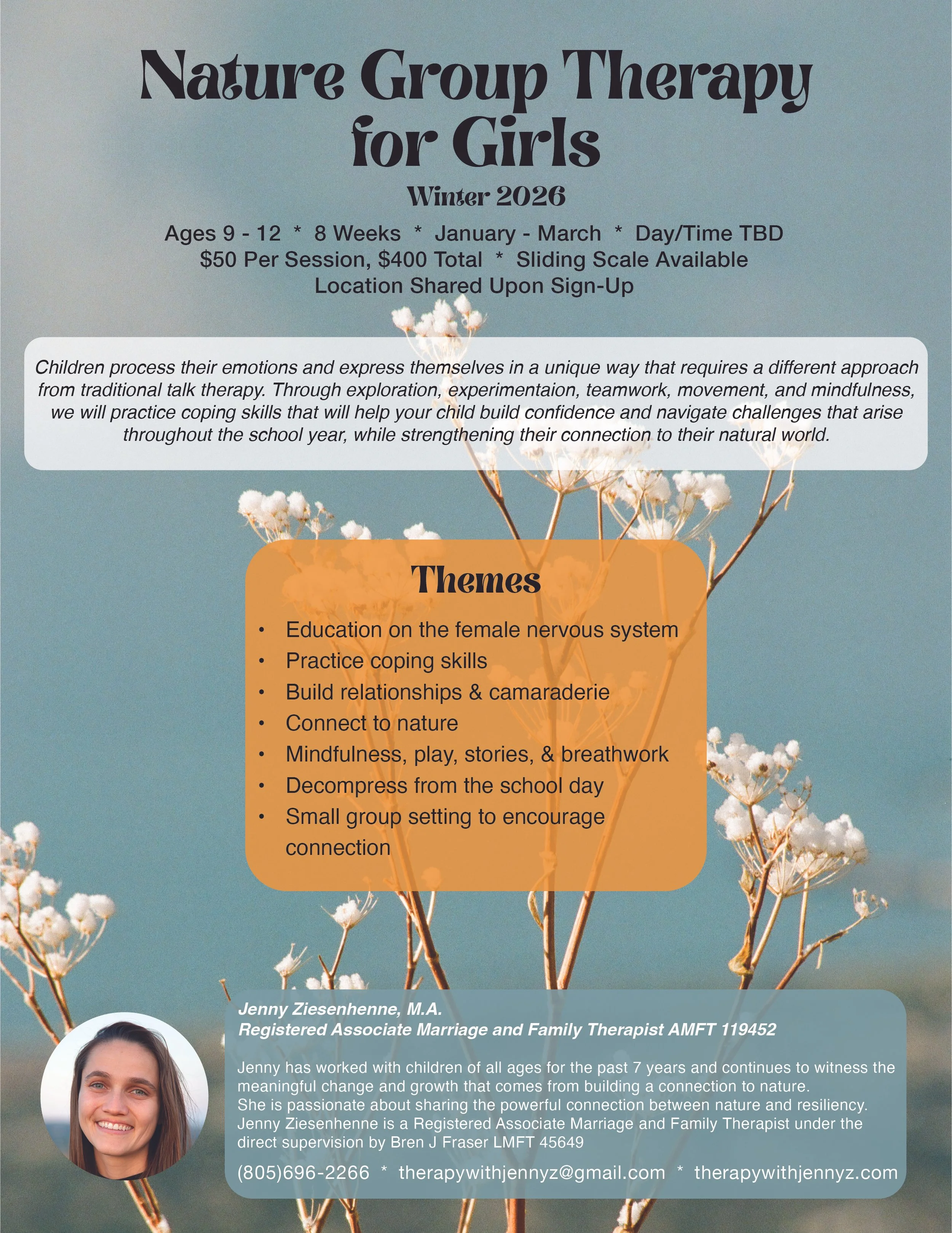 Youth Therapy Group for pre-teen girls in Nature, Winter 2026 flyer