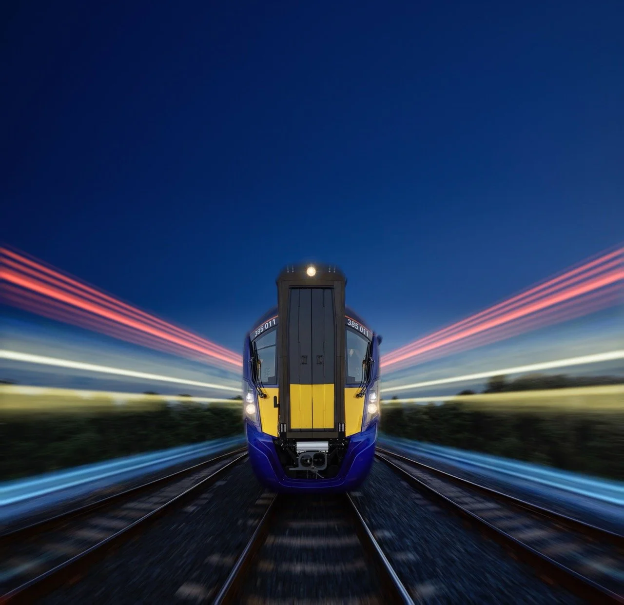 trains advertising photography, scotrail advertising, composite photography, light trails, uk rail travel advert
