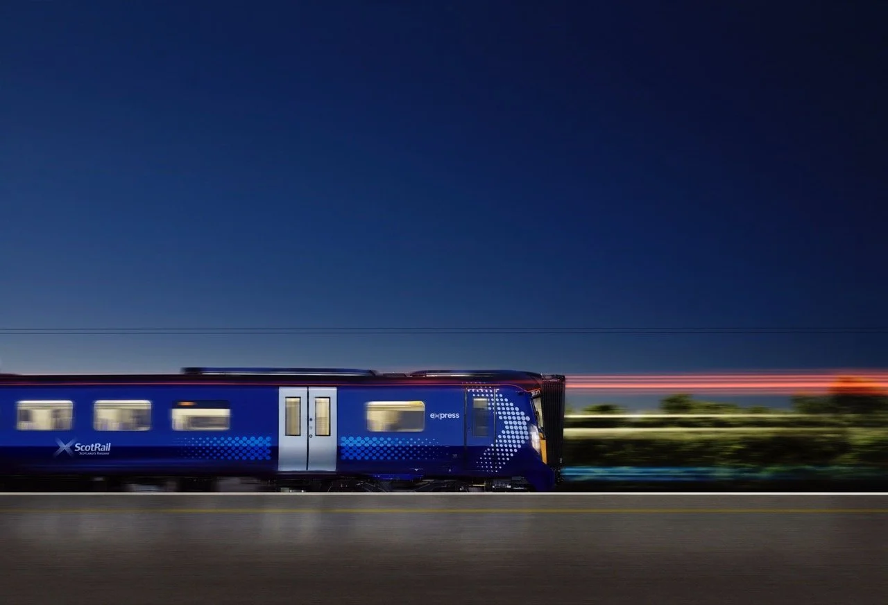 trains advertising photography, scotrail advertising, composite photography, light trails, uk rail travel advert