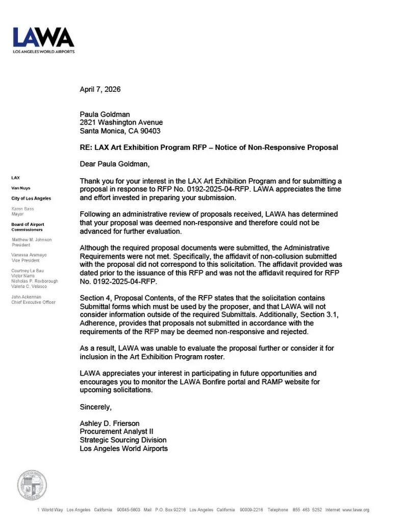 Does anyone recall the ridiculous and officious Request for Proposals for LAX last fall? How it required ridiculous notarized forms, bizarrely arcane legal requirements, along with pathetically small budgets? Apparently there was a hoop I missed, by 