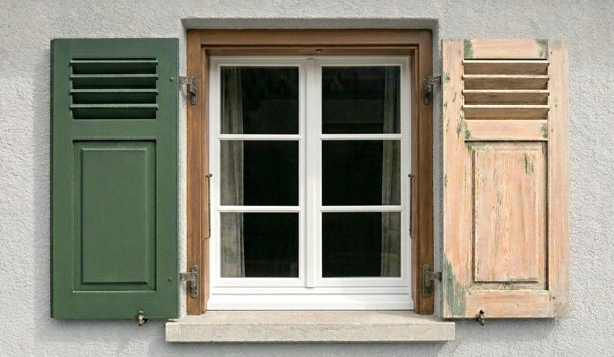 Ein Fenster mit weißem Rahmen, das von einer Sandsteinfensterbank getragen wird. Es ist umgeben von zwei alten, aufgemalten Fensterläden, der linke ist grün, der rechte ist naturholzfarben und weist Abnutzungen auf.