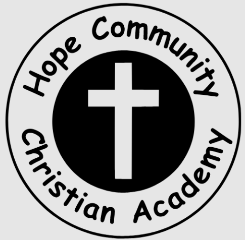 Logo of Hope Community Christian Academy featuring a cross in a black circle with the text 'Hope Community Christian Academy' around it.