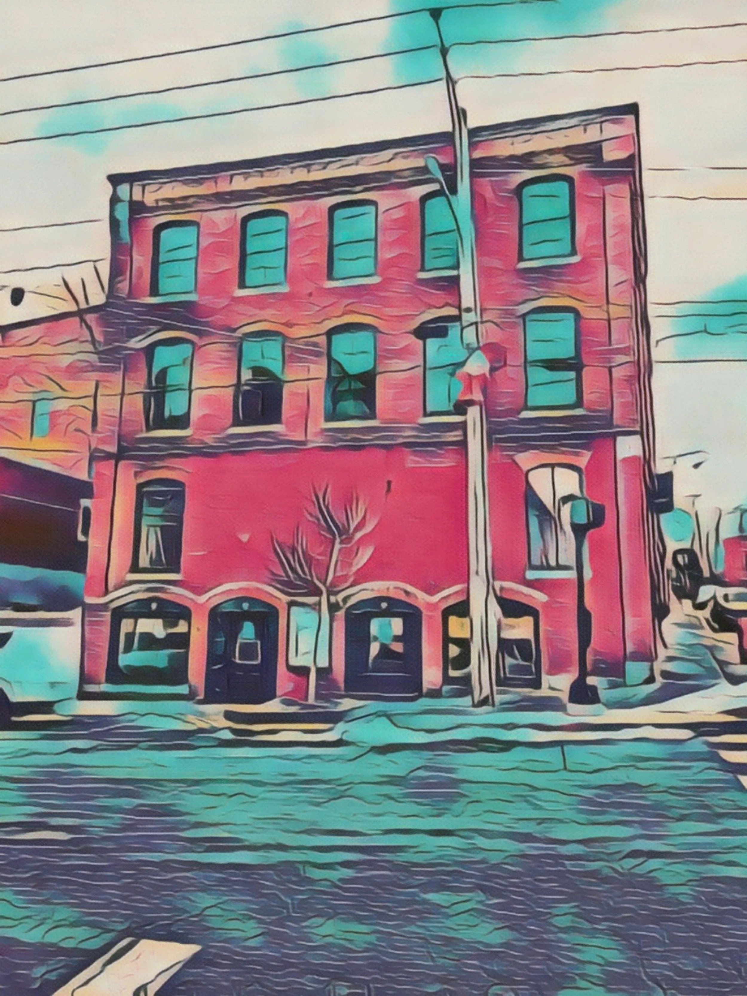 Colored sketch of store front building facade