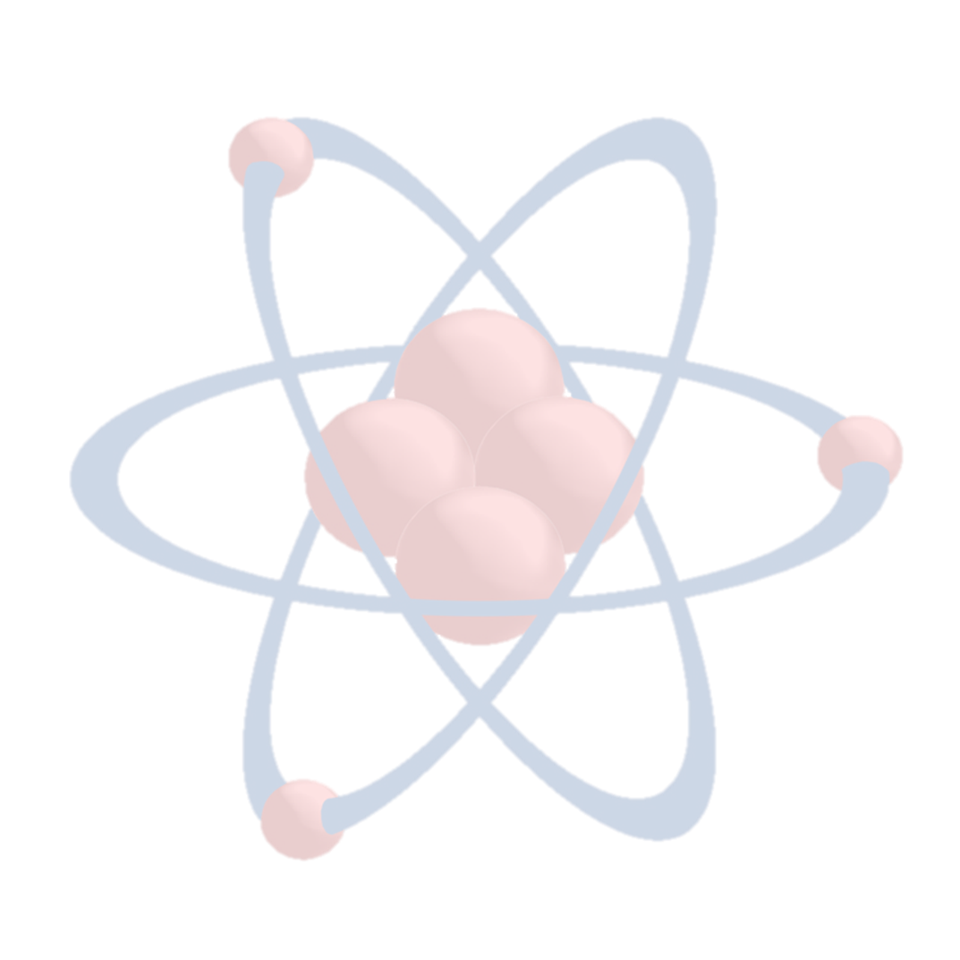 A digital illustration of an atom model with red protons and blue electrons orbiting around the nucleus.