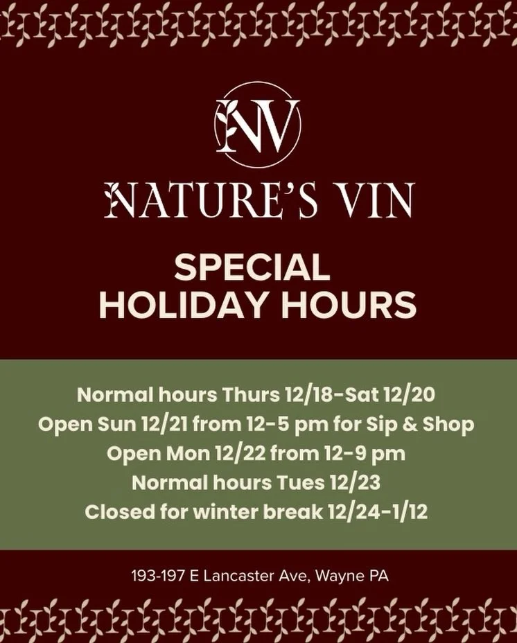 Holiday FYI! We are open this Sunday and Monday too. Come visit us! 🍷🎄🍷