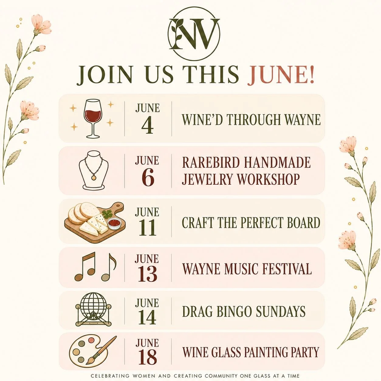 The June lineup at @naturesvin officially dropped, and it is 🔥! Text the group chat because we have wine glasses to paint, jewelry to make, and bingo cards to fill. 📲👇Tag your partner in wine.🍷🔗 in bio.