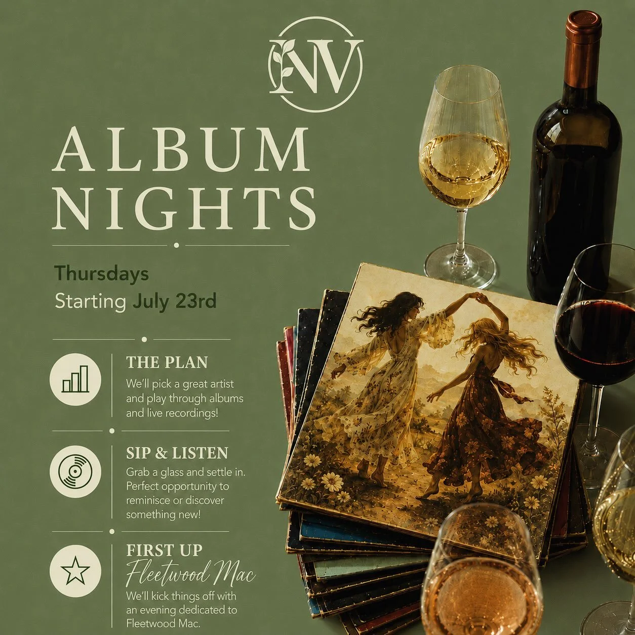🎶 New Thursdays at NV: Album Nights

🍷 Grab your favorite pour
✨ First artist: Fleetwood Mac
✅ Starts tonight at 4 pm