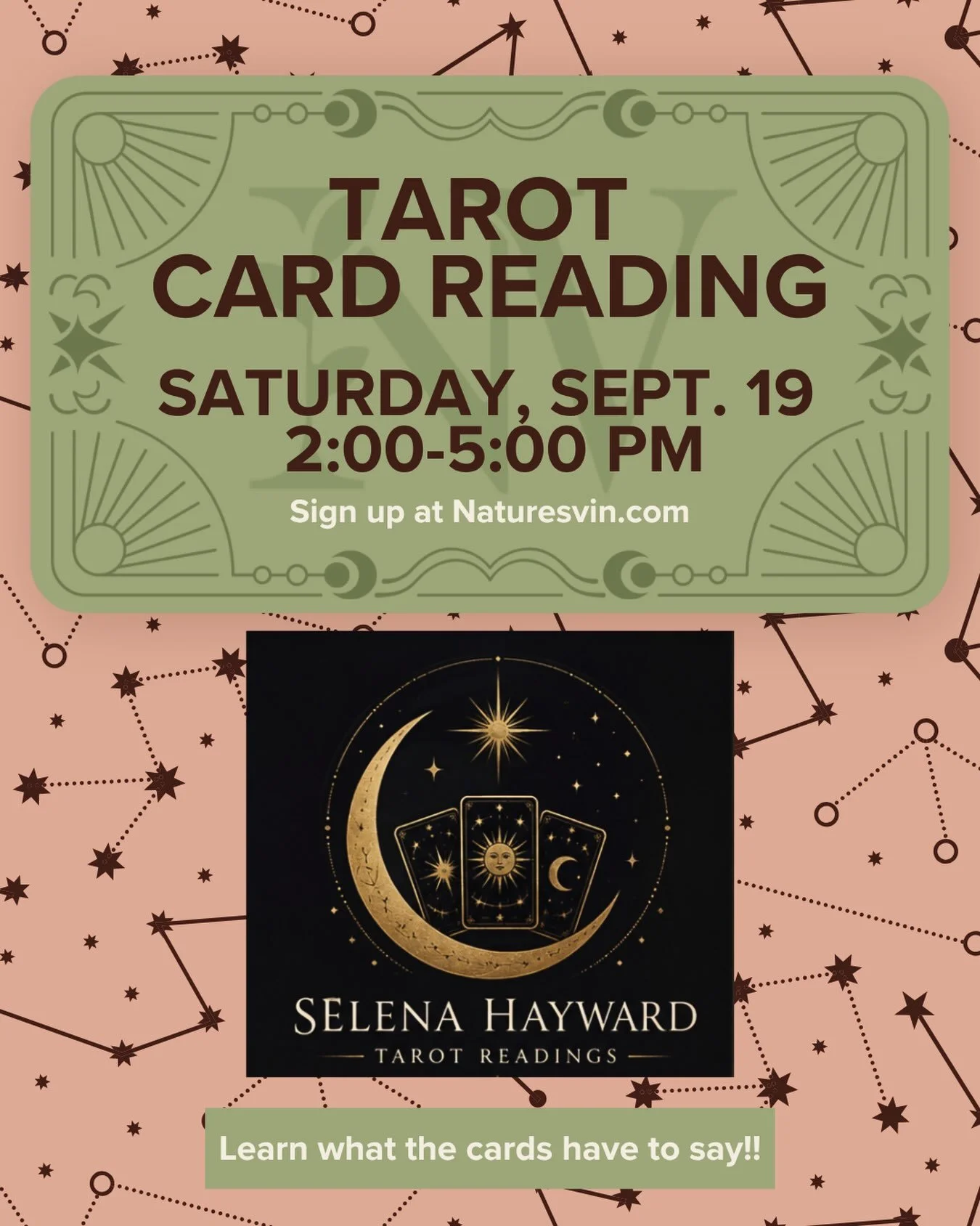 Come for the reading&hellip; stay for the wine. 😉🍷🔮 Join us Saturday, September 19 from 2&ndash;5 pm for Tarot Card Readings! 🃏✨

📍 Sign up at Naturesvin.com. 

#tarotreading #tarotcards #tarot #wineandtarot
