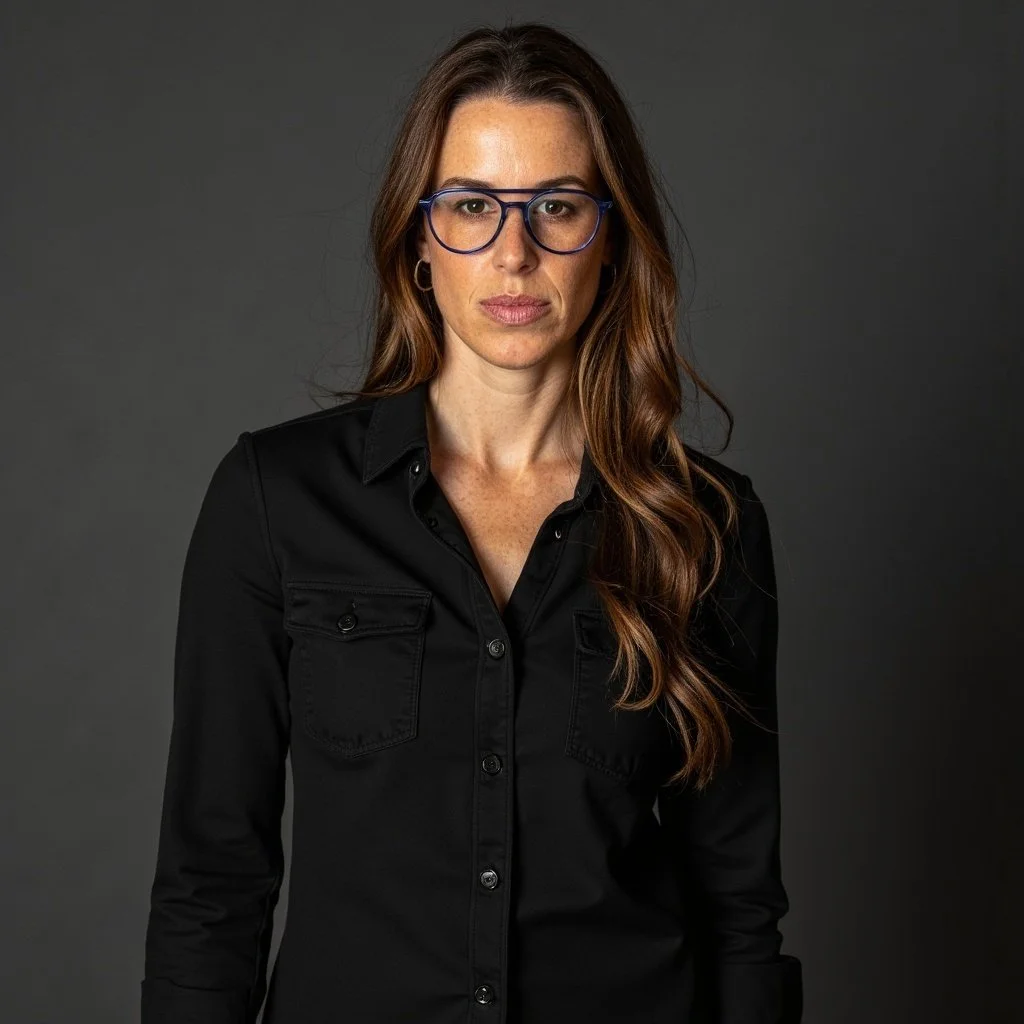 Elyse Lovenworth headshot. Long brown curled hair with a dark blouse and glasses.