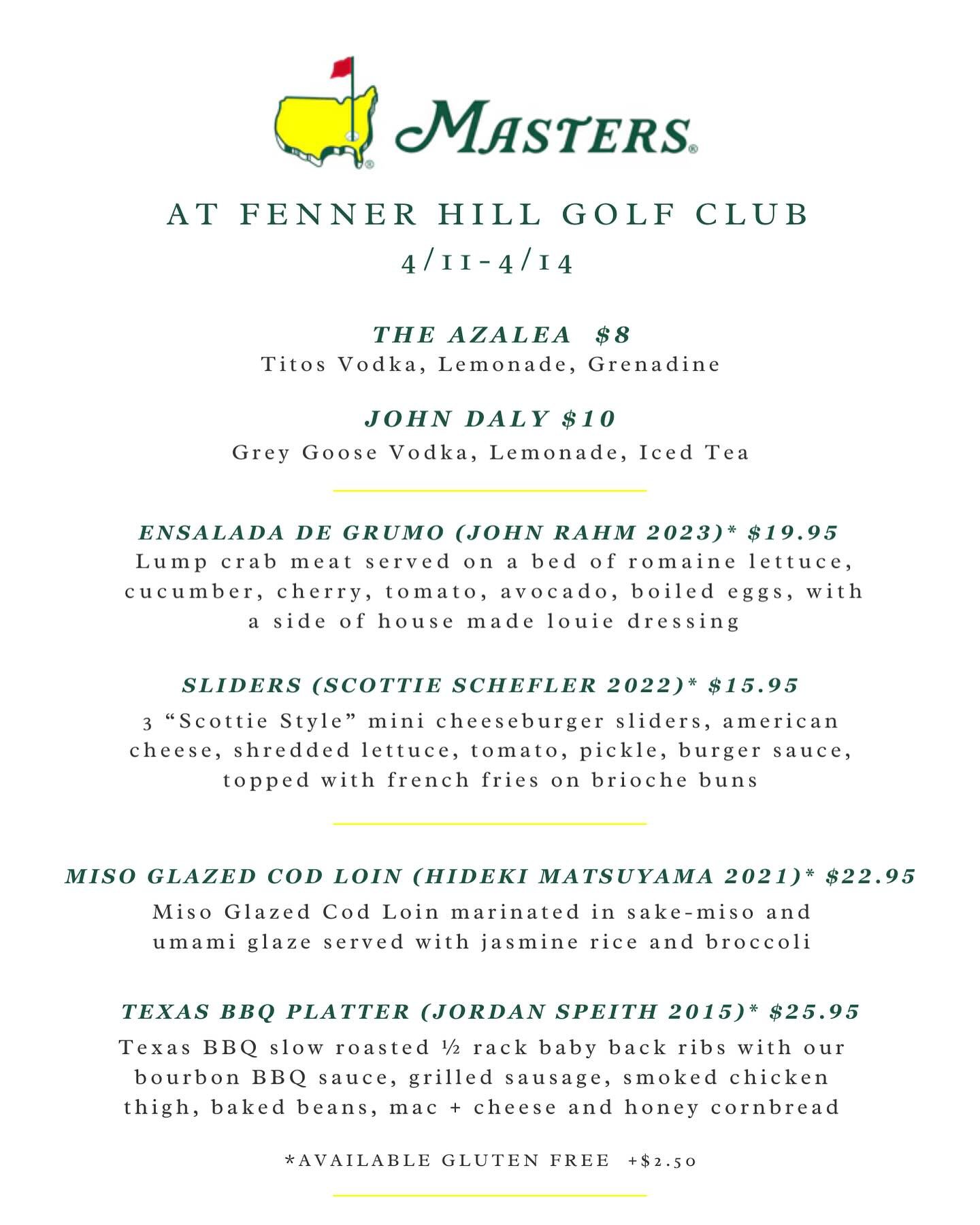 ⛳️ We&rsquo;re celebrating Master&rsquo;s Weekend with a champion menu at Fenner Hill! ⛳️

Running Thursday-Sunday, taste-test our versions of some of the best dishes chosen by former Master&rsquo;s winners for their Champions Dinner. 

🍹🍺 And wash