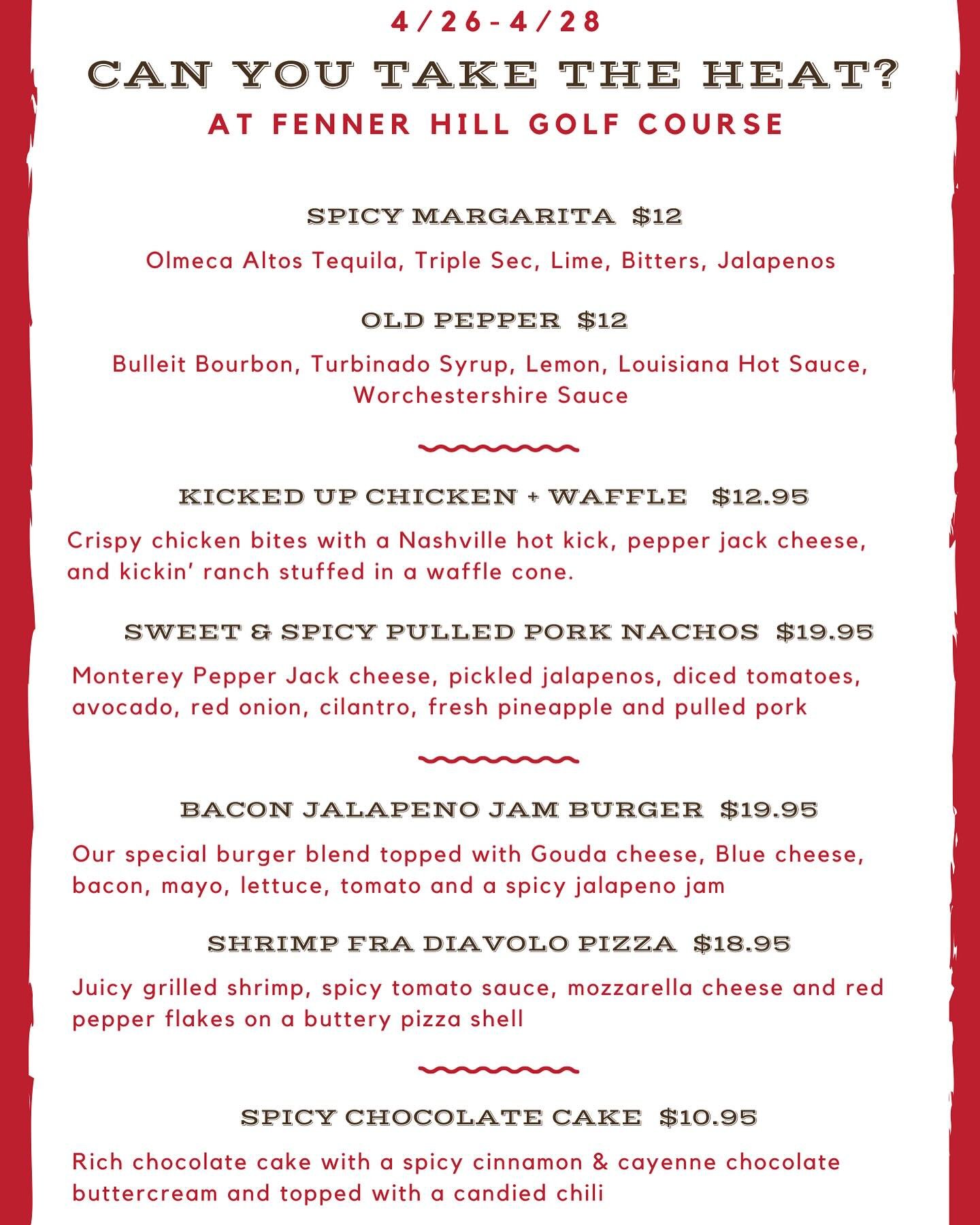 🌶️🌶️ Can you take the heat the heat this weekend  at Fenner Hill?? 🌶️🌶️

We&rsquo;re bringing the spice with some great cocktails, apps and entrees.

We&rsquo;ll see you all weekend long!