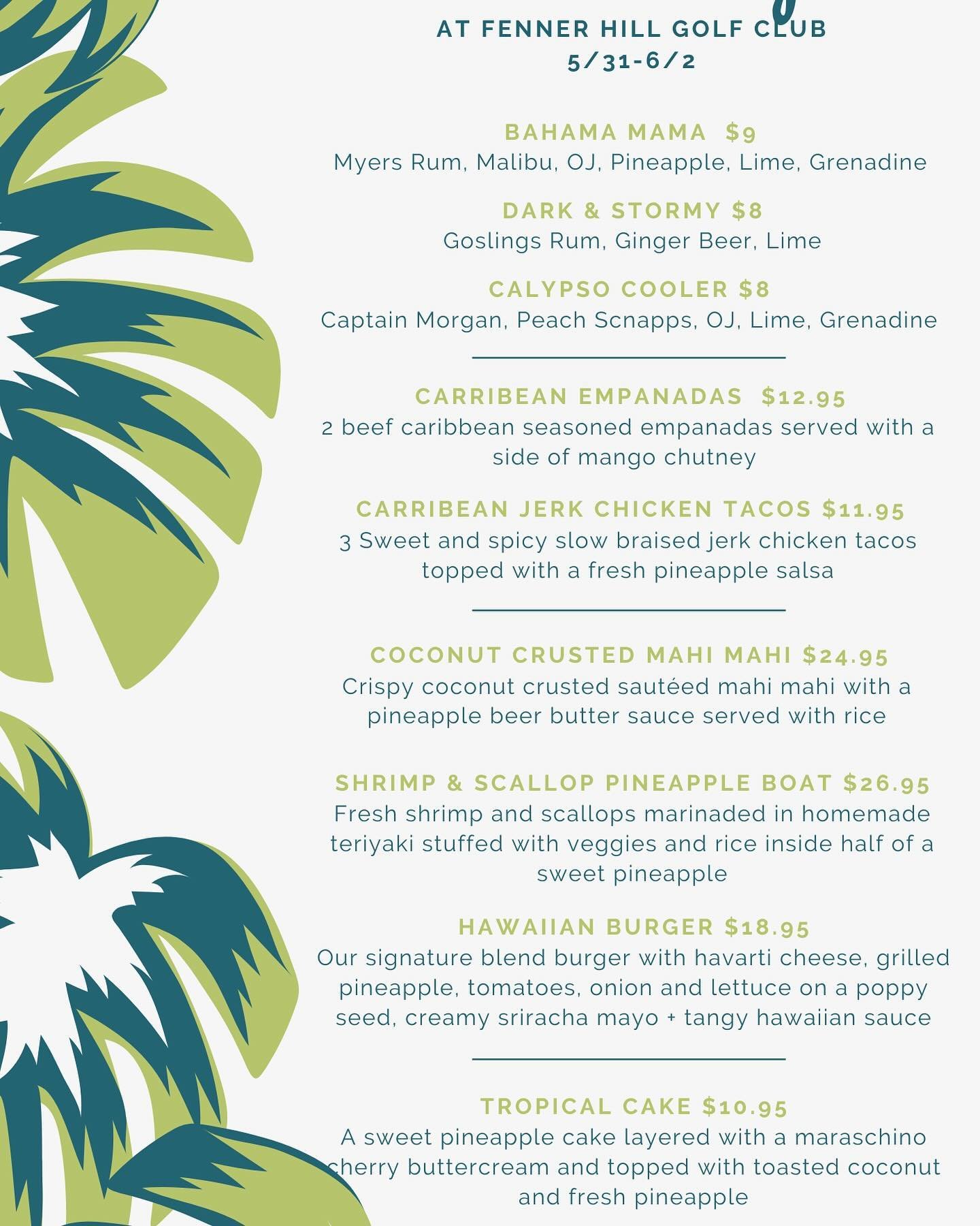 🍍We&rsquo;re visiting the tropics this week! 🍍

Come on down Friday-Sunday and join us for a little Caribbean treat for lunch or dinner!