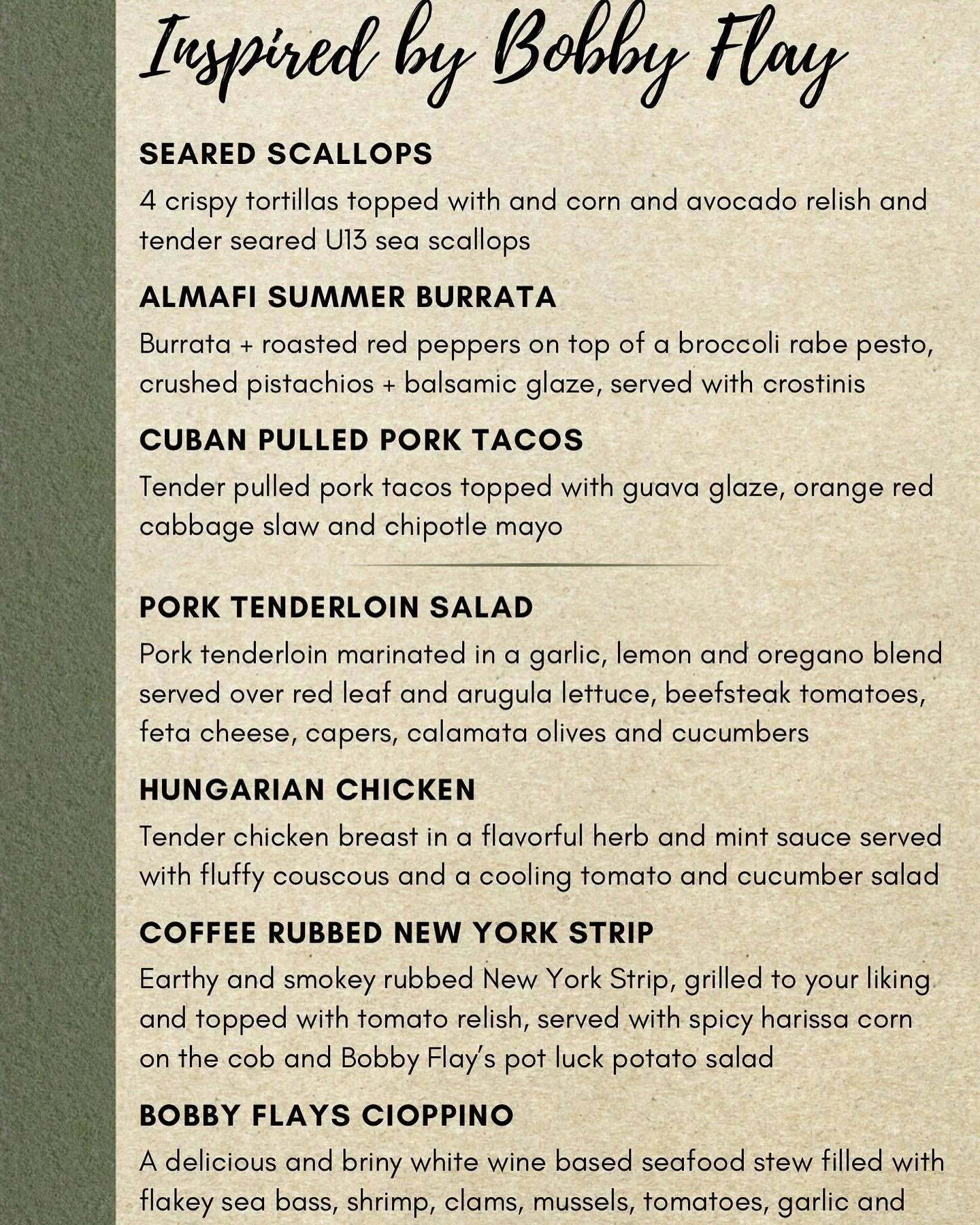 We&rsquo;re bringing in a delicious summer menu, perfect for the hot weather, inspired by the recipes of Bobby Flay!

See you for dinner this weekend! Give us a call at 401-539-8000, email fennerhill@gmail.com, or click the link below for reservation
