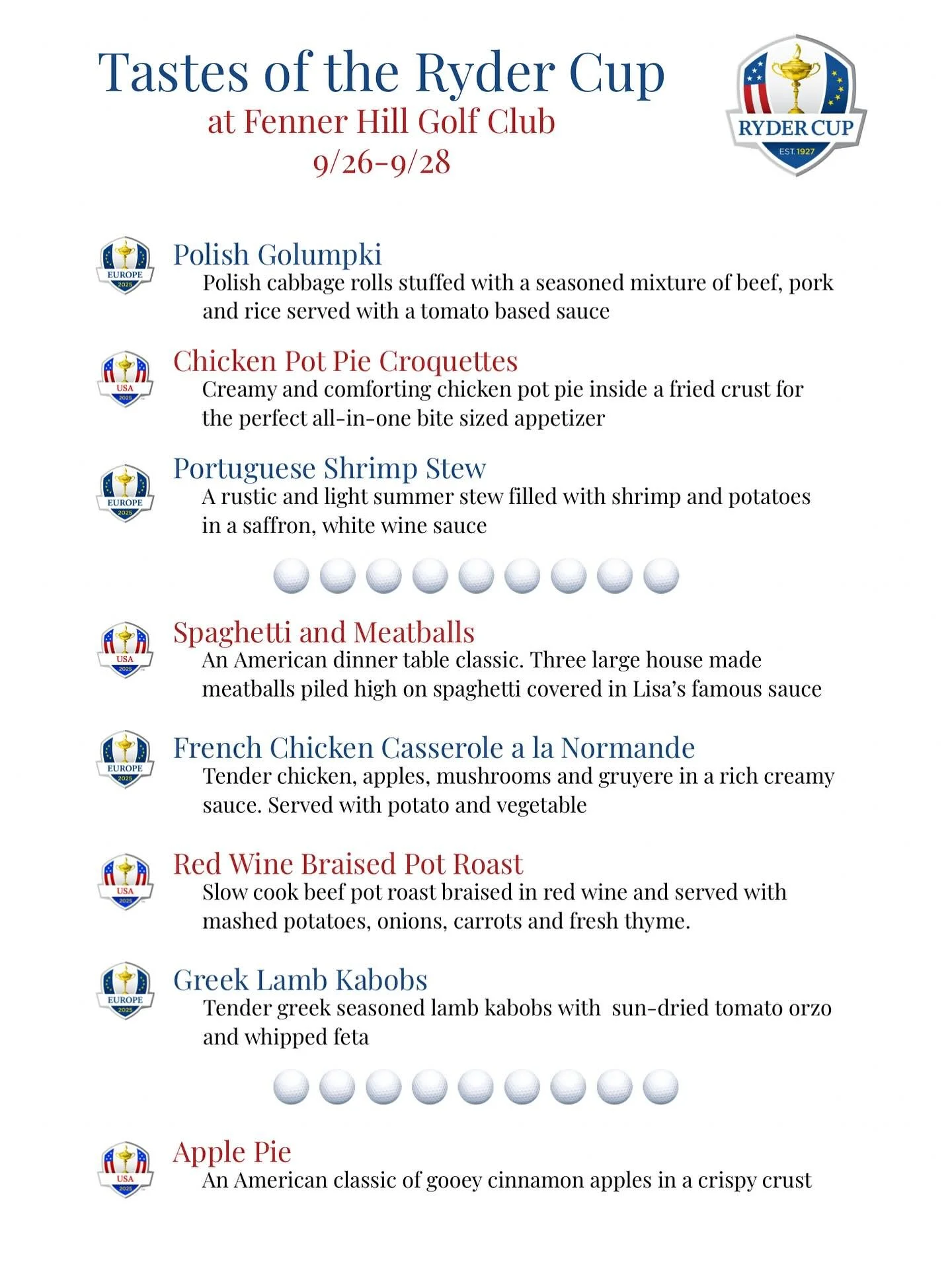 It&rsquo;s the Ryder Cup this weekend and we&rsquo;re bringing you a taste of the tournament with classics and favorites from America and Europe. So whether you&rsquo;re Team USA or Team Europe you&rsquo;re in for a treat!

See you for dinner this we