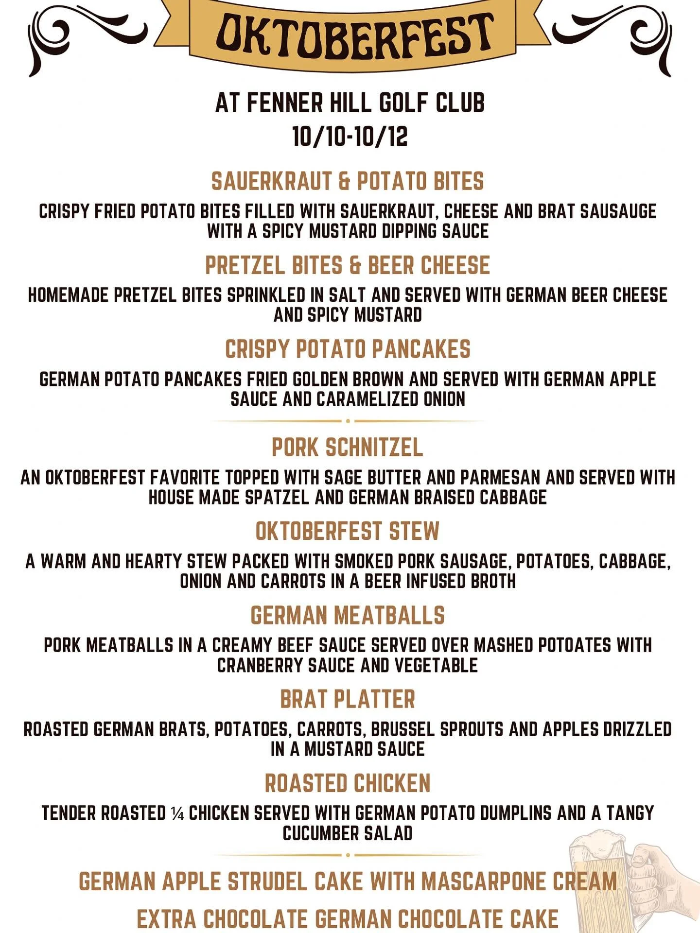 It&rsquo;s our second annual Oktoberfest celebration here at Fenner Hill and we&rsquo;re bringing you some German classics and favorites. So come on down, grab a pint and have something delicious!

See you for dinner this weekend! Give us a call at 4